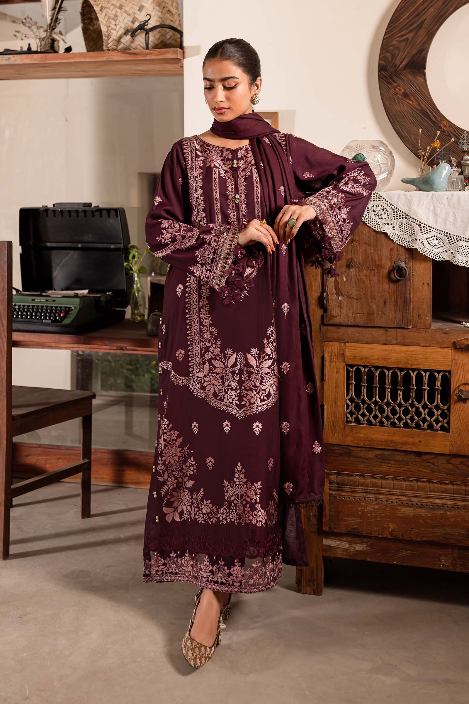 Purple Embroidered Jacquard & Linen 3-Piece Suit - Image 1