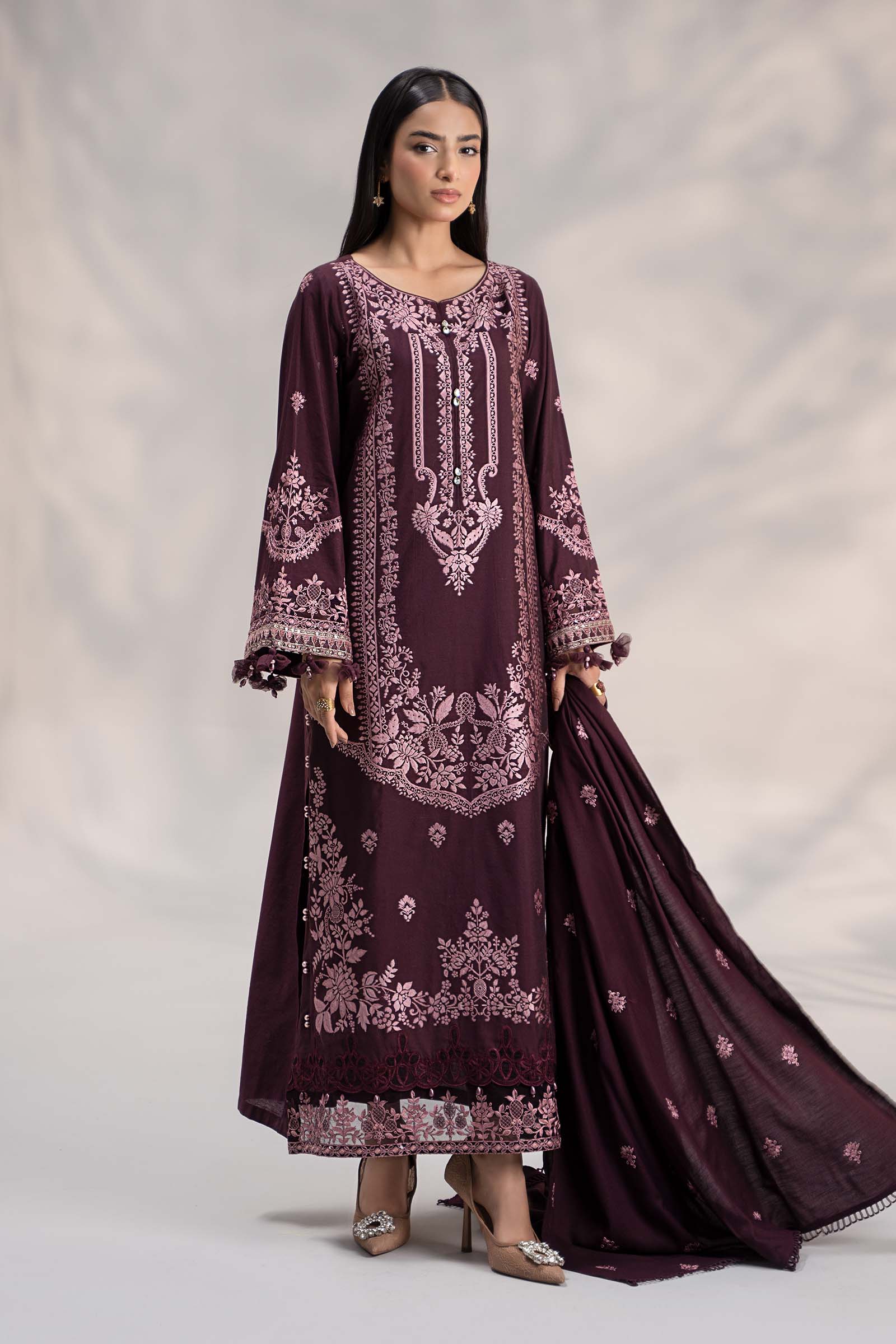 Purple Embroidered Jacquard & Linen 3-Piece Suit - Image 3