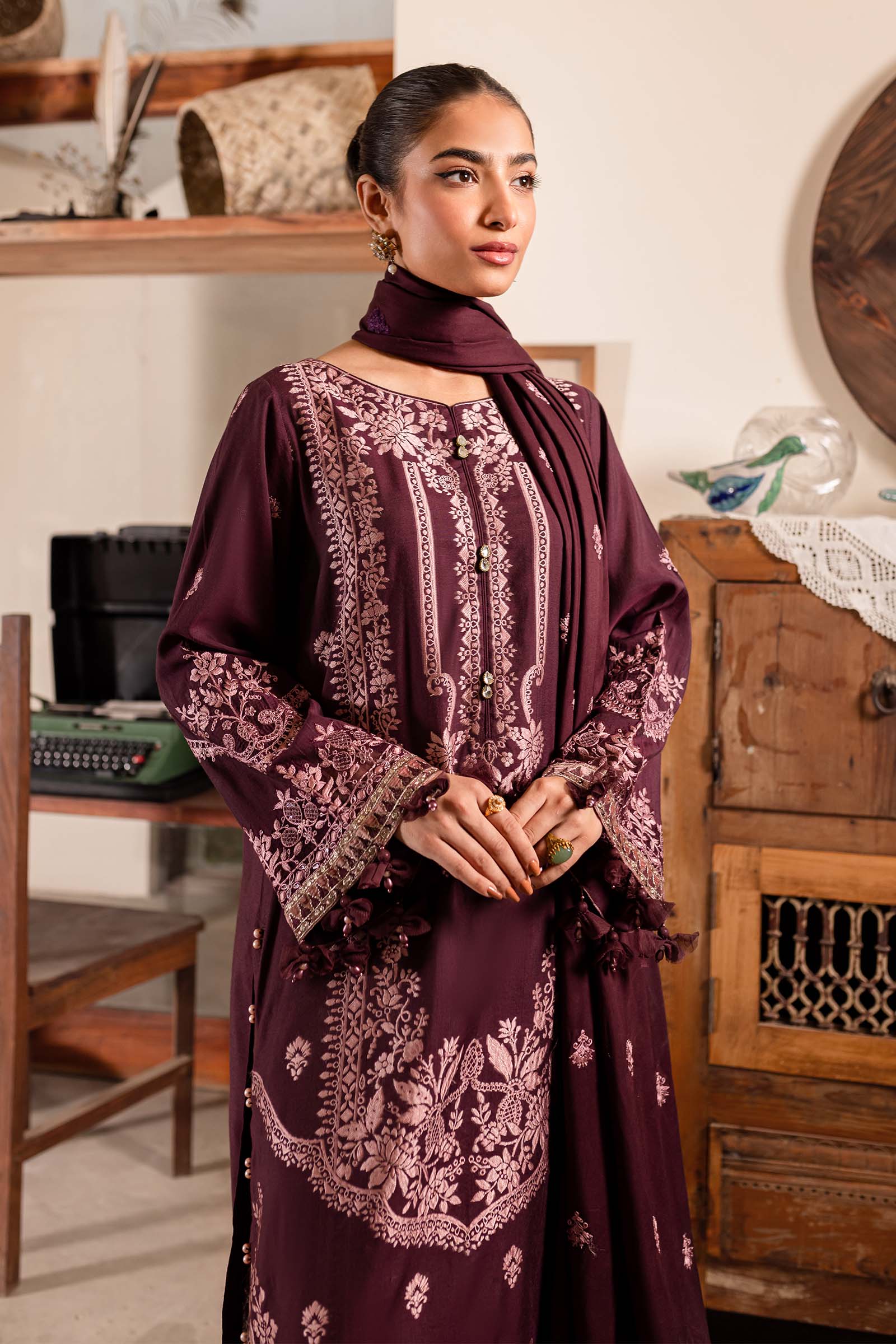 Purple Embroidered Jacquard & Linen 3-Piece Suit - Image 5