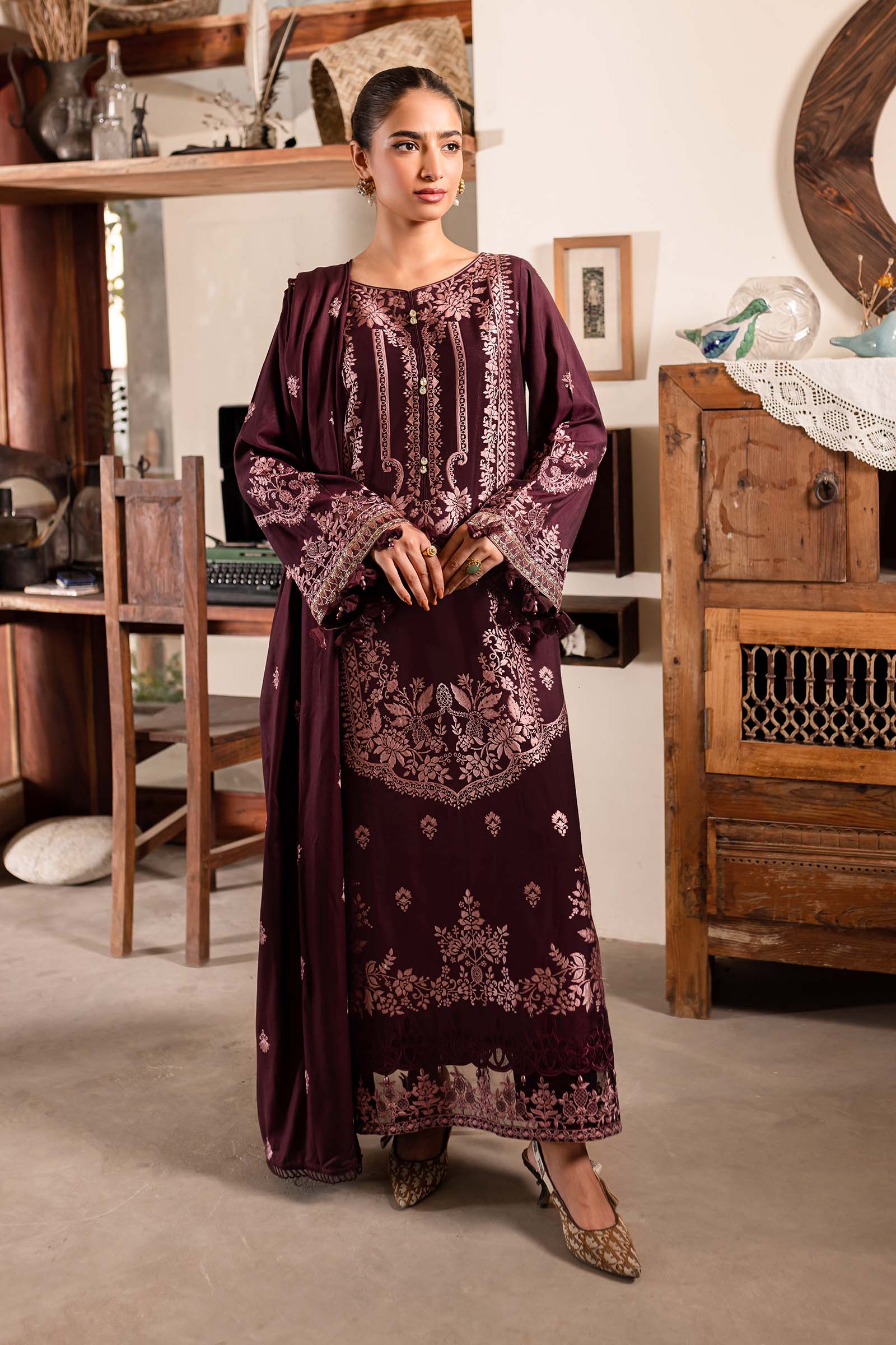 Purple Embroidered Jacquard & Linen 3-Piece Suit - Image 7