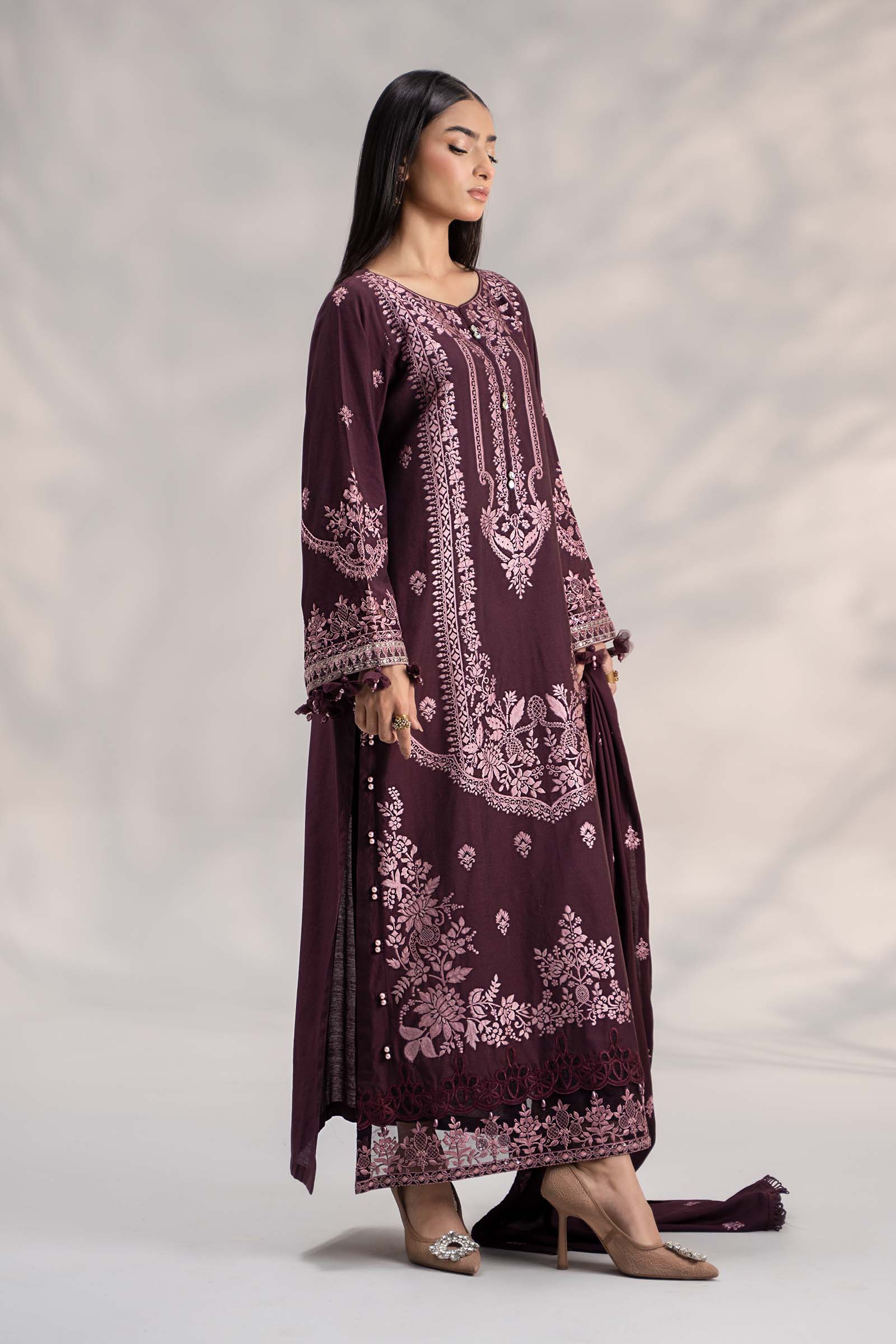 Purple Embroidered Jacquard & Linen 3-Piece Suit - Image 8