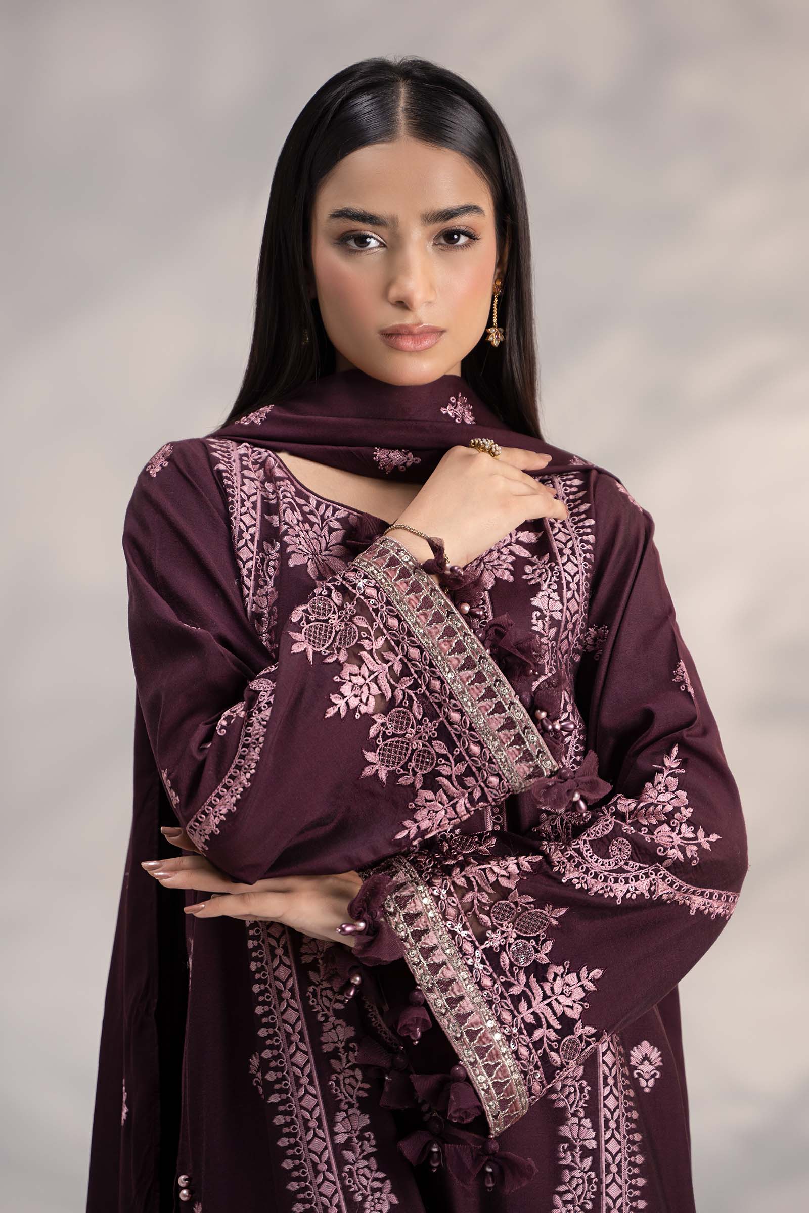 Purple Embroidered Jacquard & Linen 3-Piece Suit - Image 9