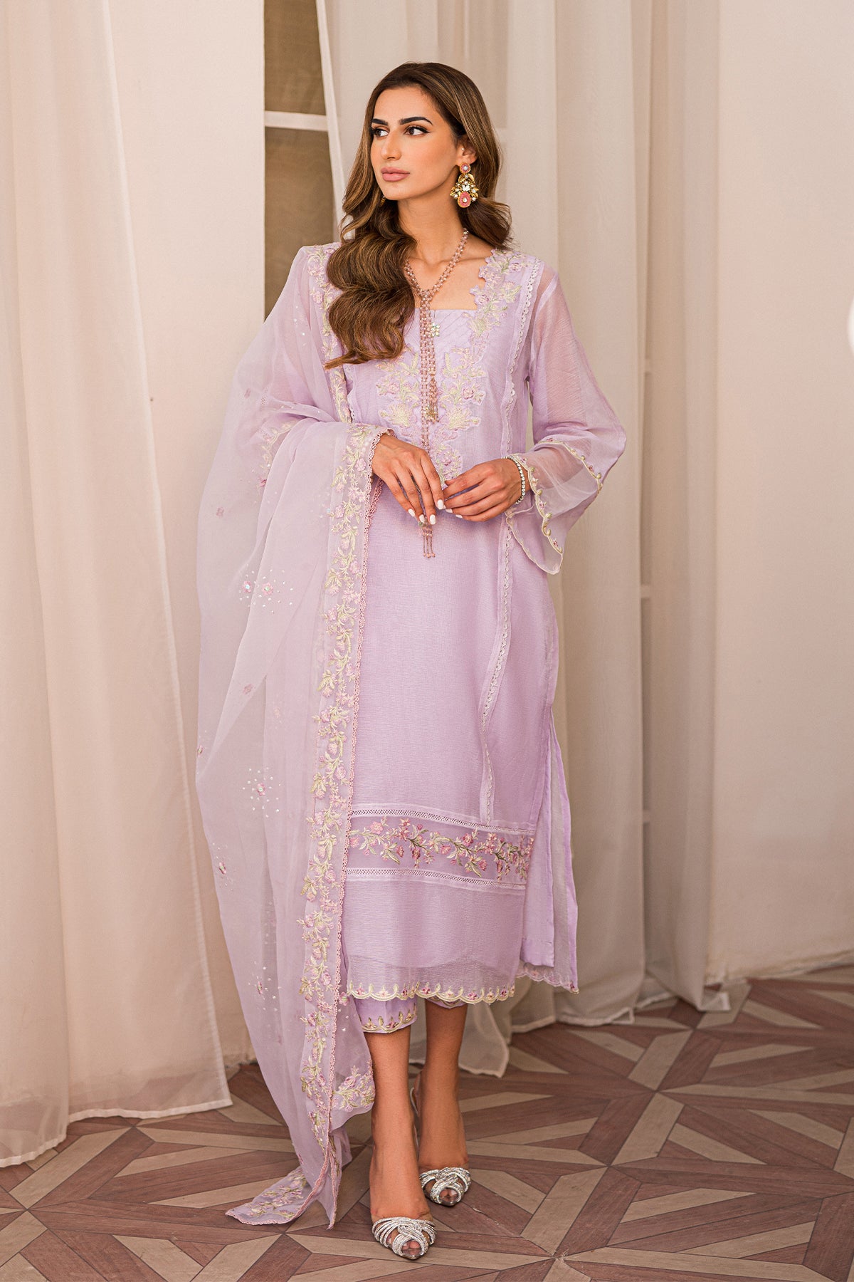 Lilac Embroidered Khaadi Net 3-Piece Suit - Image 3