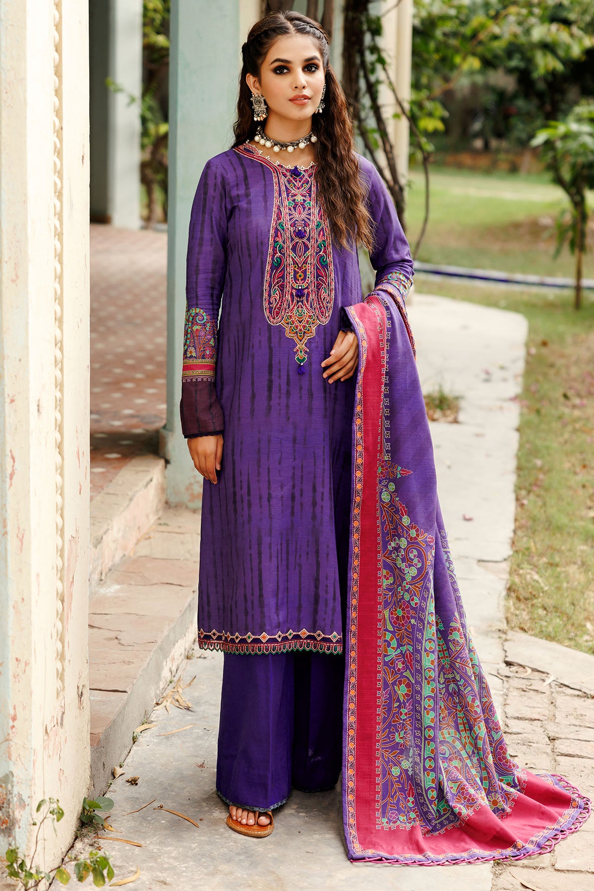 Pakistani Purple Digital Printed Khaddar 3-Piece Suit - Image 1