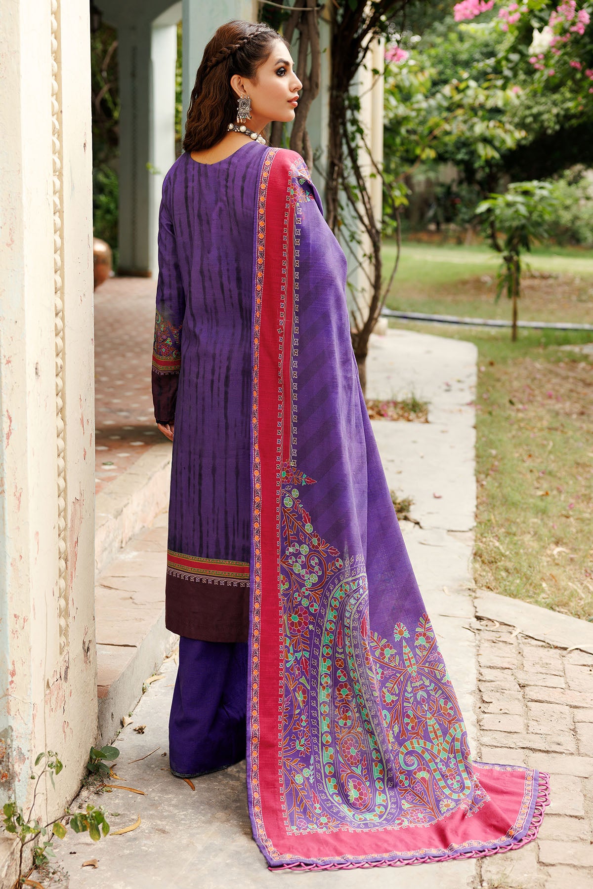 Pakistani Purple Digital Printed Khaddar 3-Piece Suit - Image 2