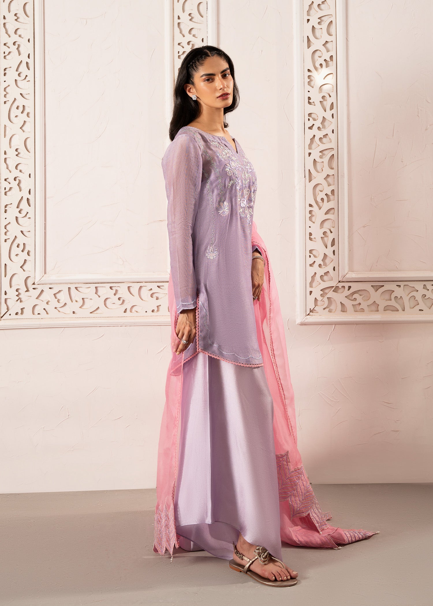 Pakistani Rich Lilac Resham Embroidered Khaddi Silk Salwar Kameez (3-Piece) - Image 11