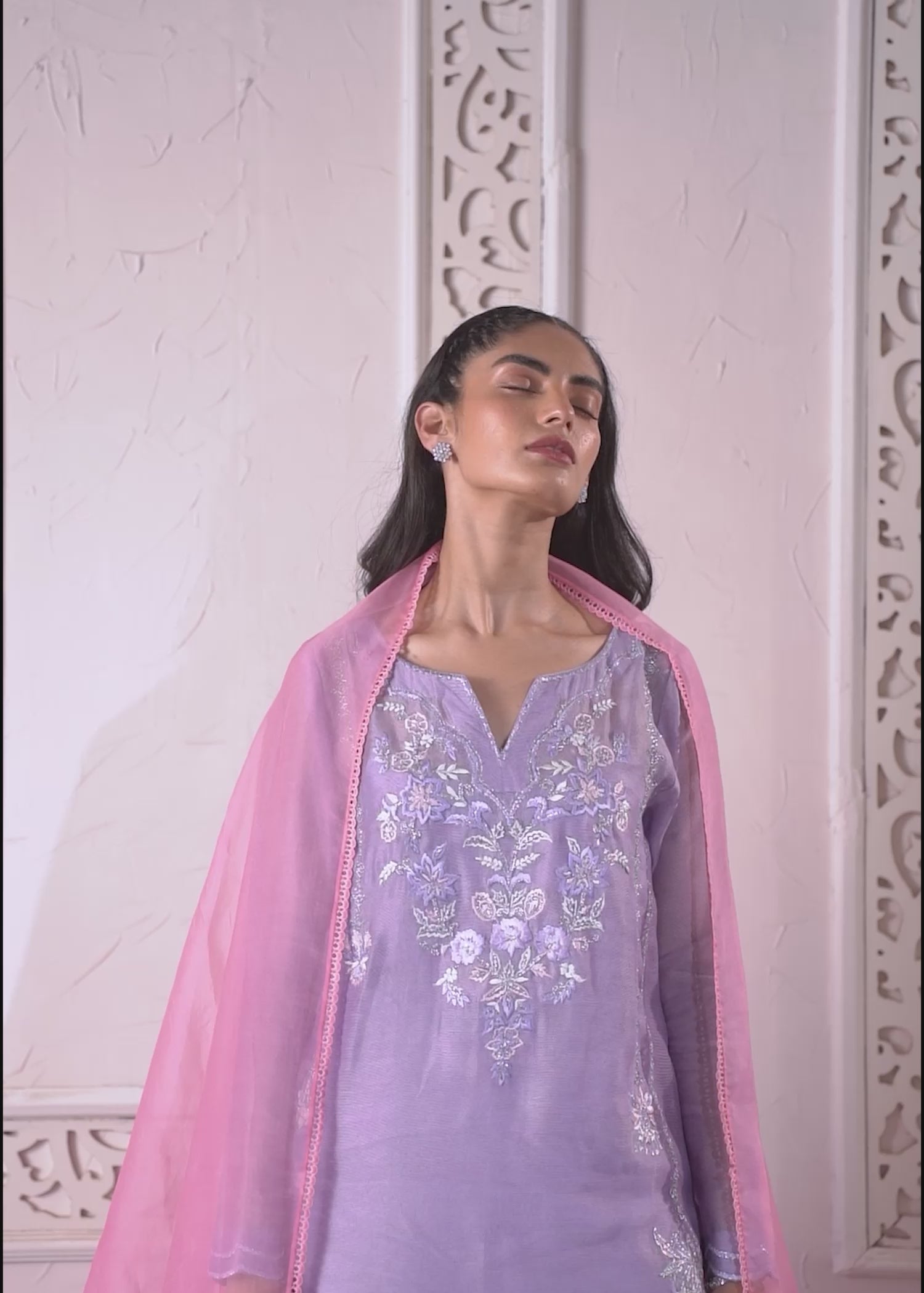 Pakistani Rich Lilac Resham Embroidered Khaddi Silk Salwar Kameez (3-Piece) - Image 13