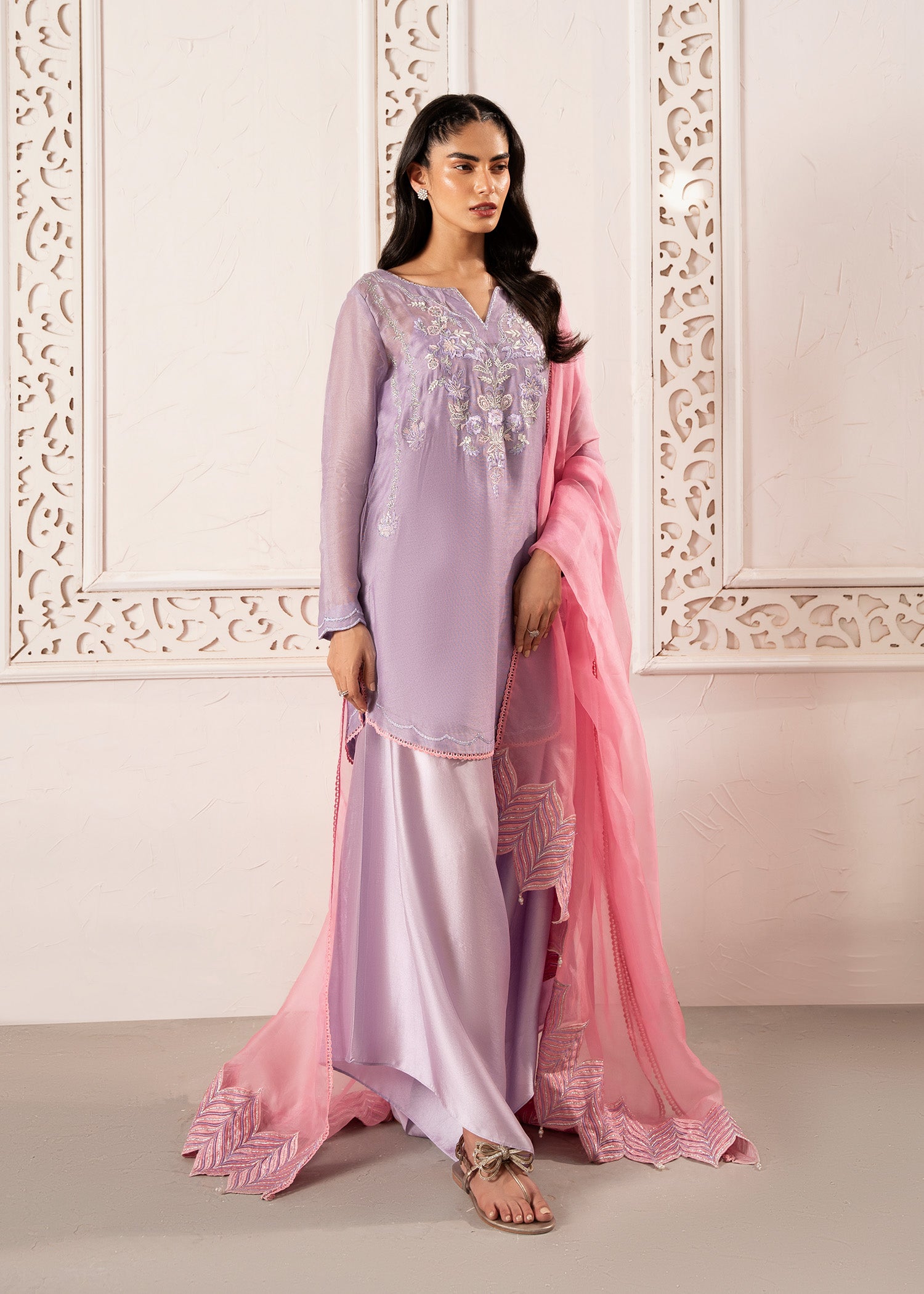 Pakistani Rich Lilac Resham Embroidered Khaddi Silk Salwar Kameez (3-Piece) - Image 8