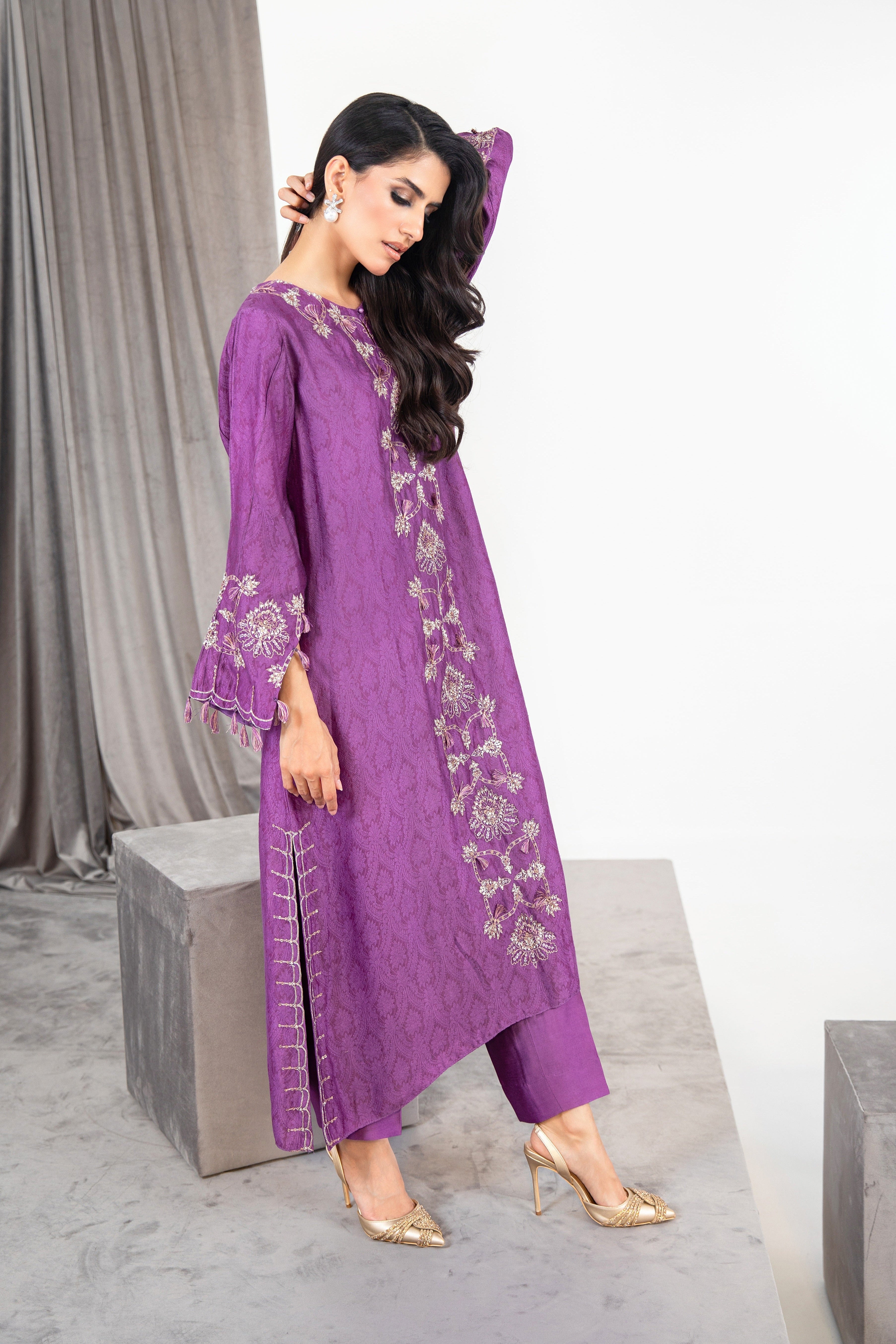 Purple Embellished Khadi Cotton Salwar Kameez (2-Piece) - Image 1