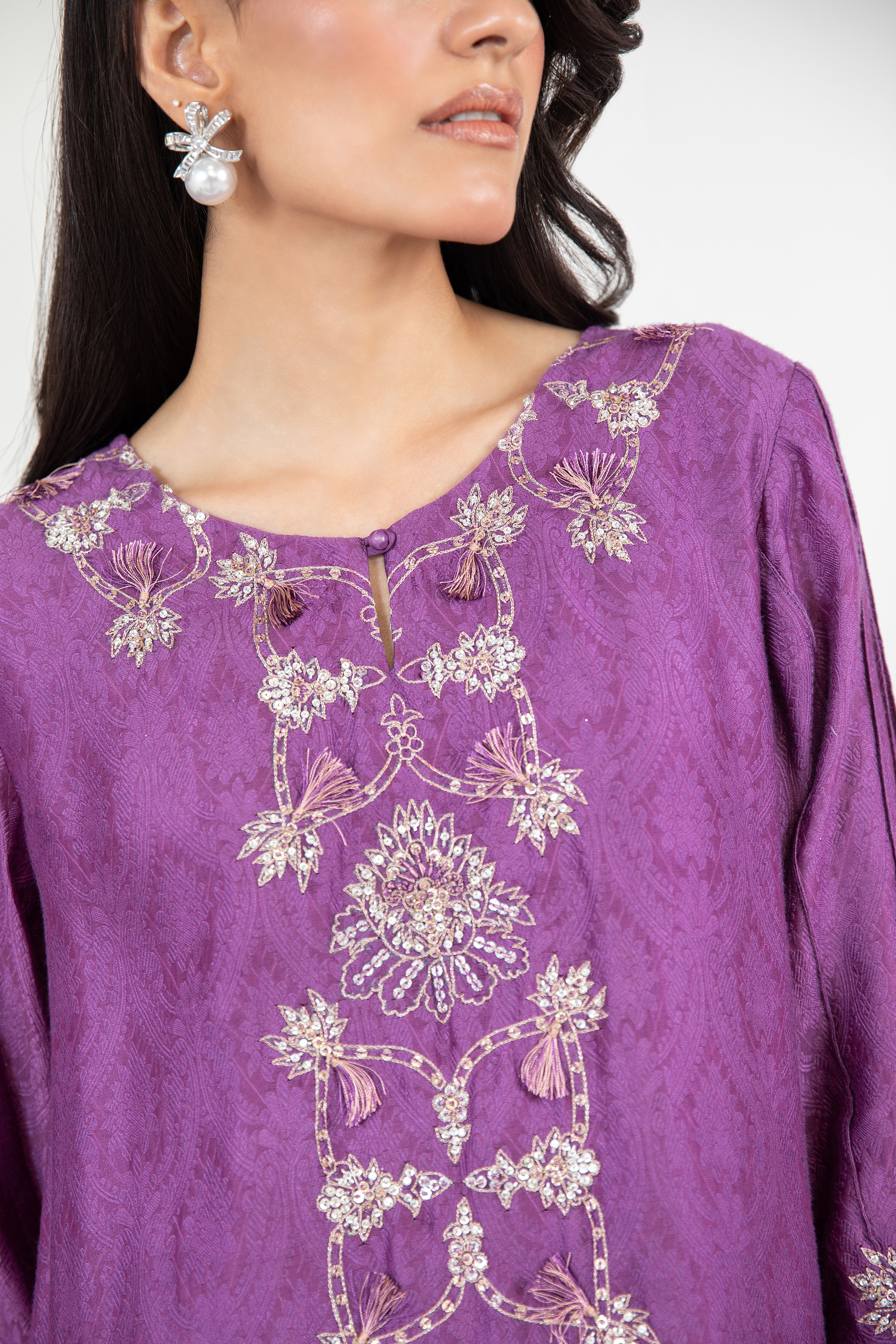 Purple Embellished Khadi Cotton Salwar Kameez (2-Piece) - Image 2