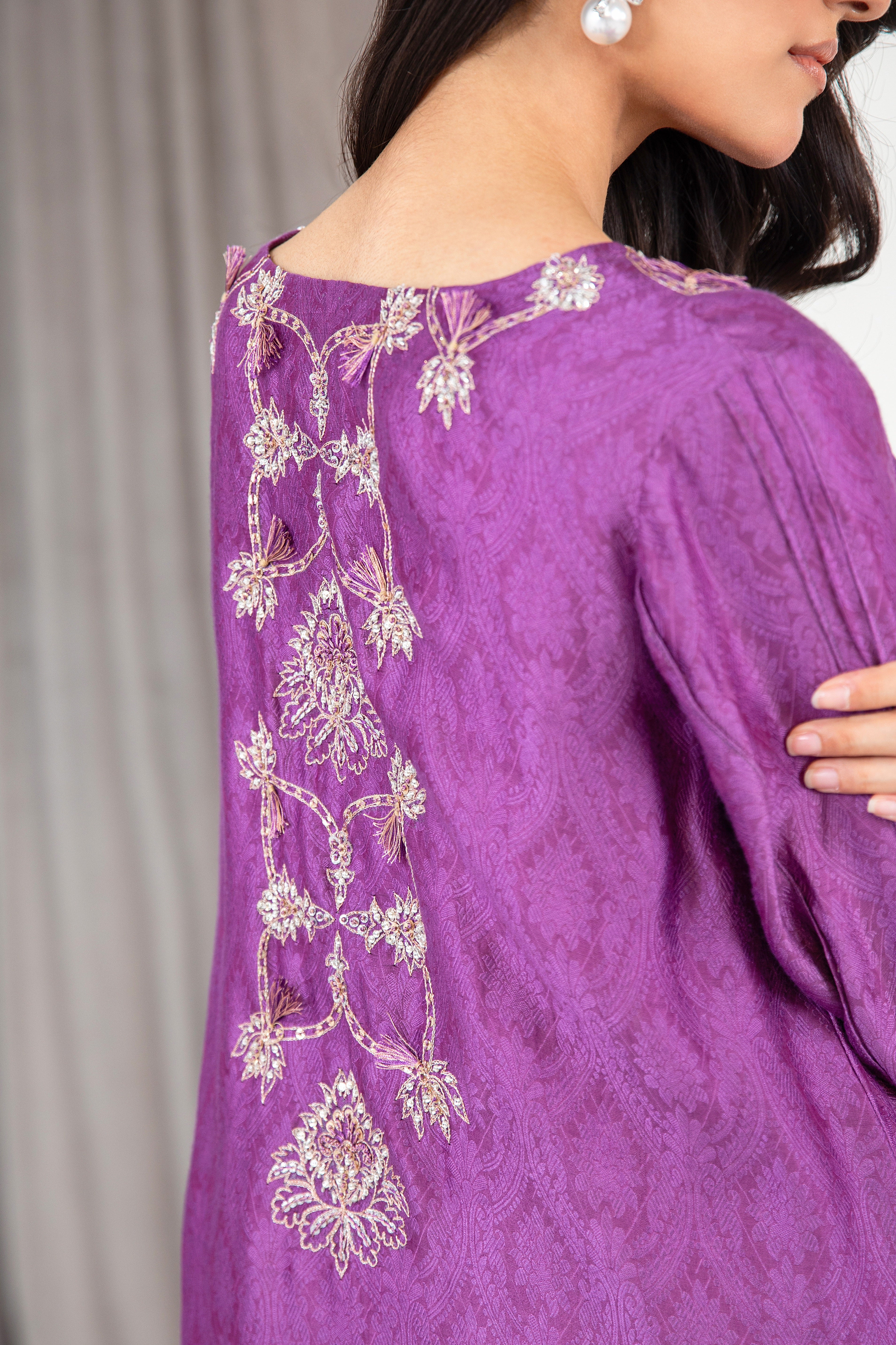 Purple Embellished Khadi Cotton Salwar Kameez (2-Piece) - Image 4