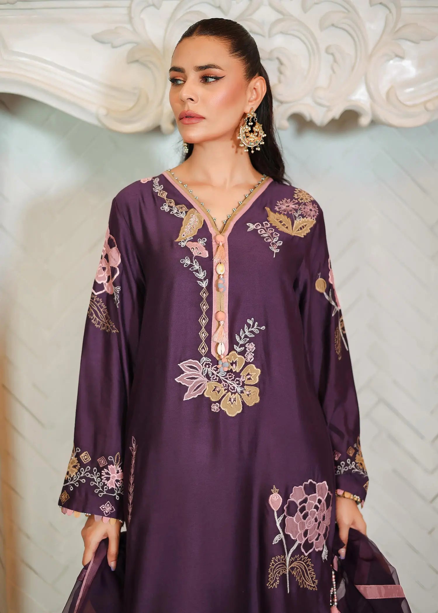 Purple Embroidered Khadi Silk 3-Piece Salwar Kameez - Image 2