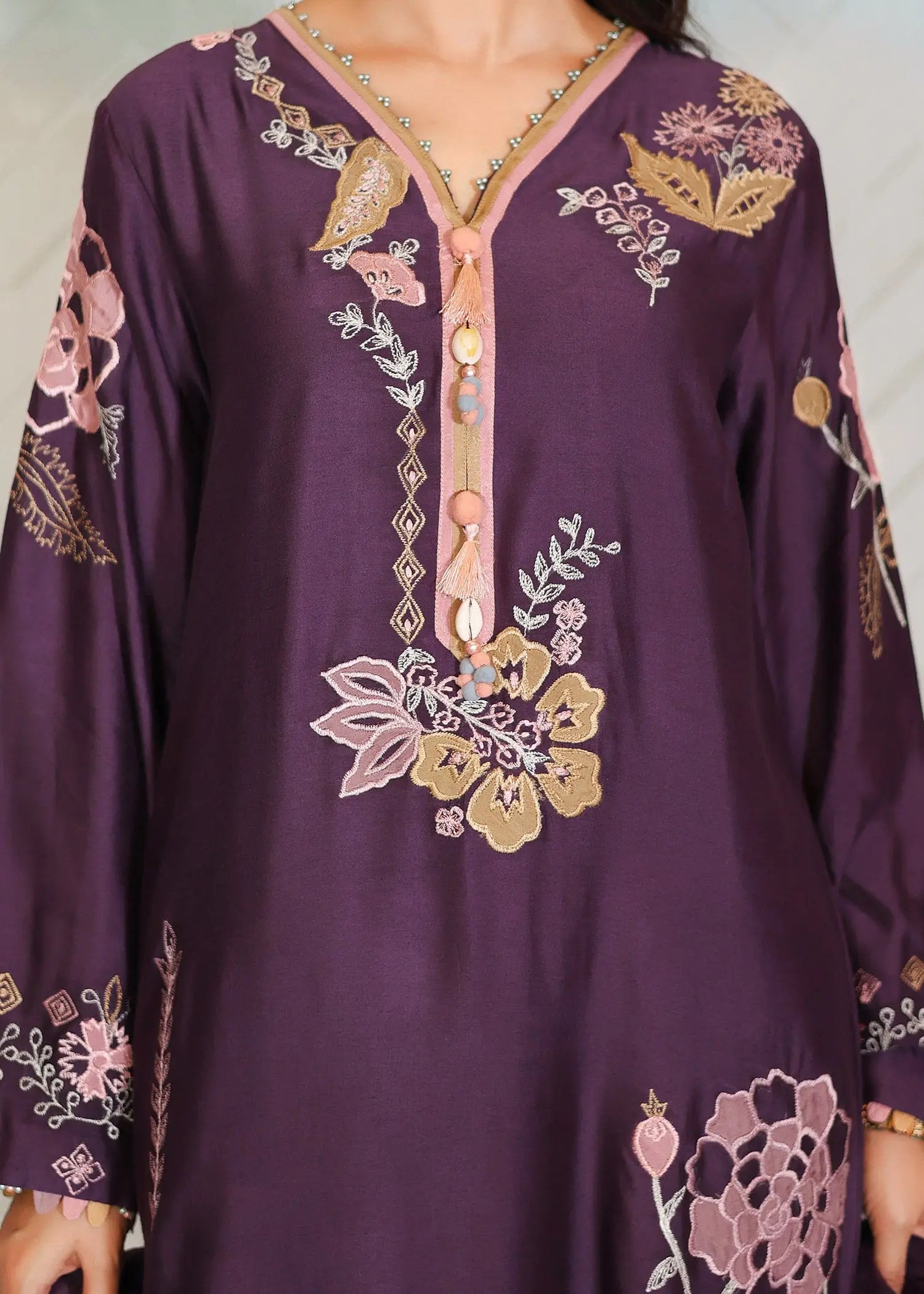 Purple Embroidered Khadi Silk 3-Piece Salwar Kameez - Image 3
