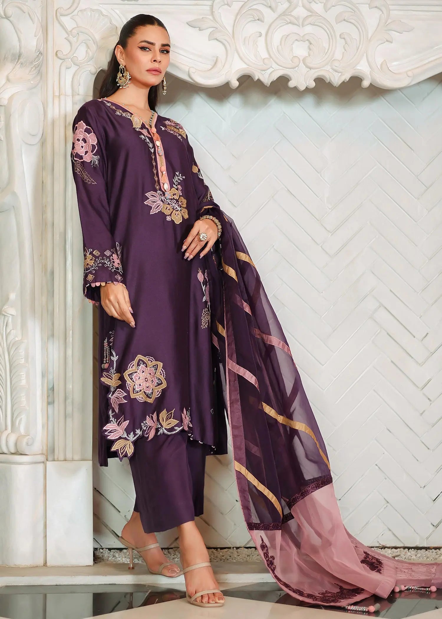 Purple Embroidered Khadi Silk 3-Piece Salwar Kameez - Image 4
