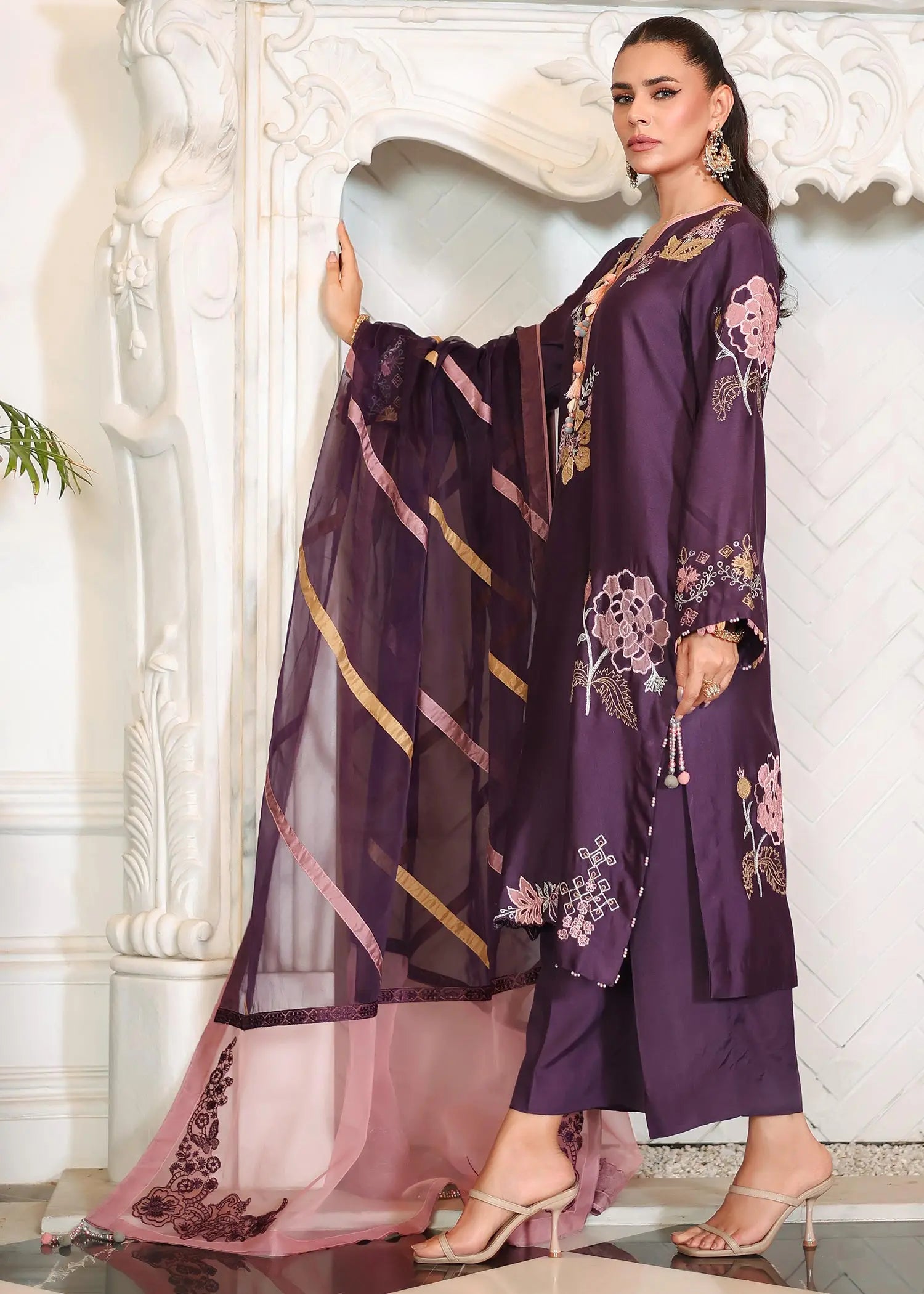 Purple Embroidered Khadi Silk 3-Piece Salwar Kameez - Image 6