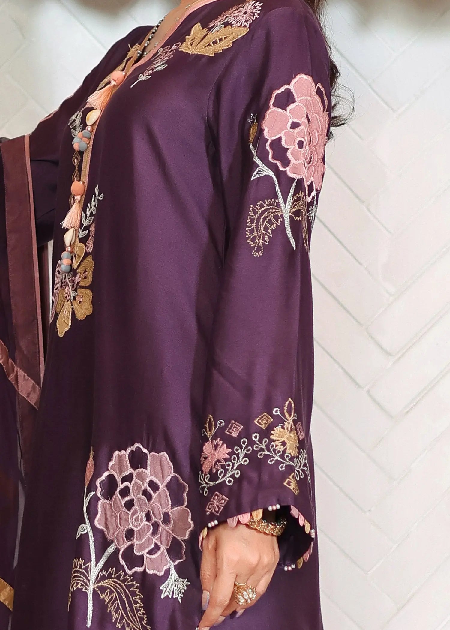 Purple Embroidered Khadi Silk 3-Piece Salwar Kameez - Image 7