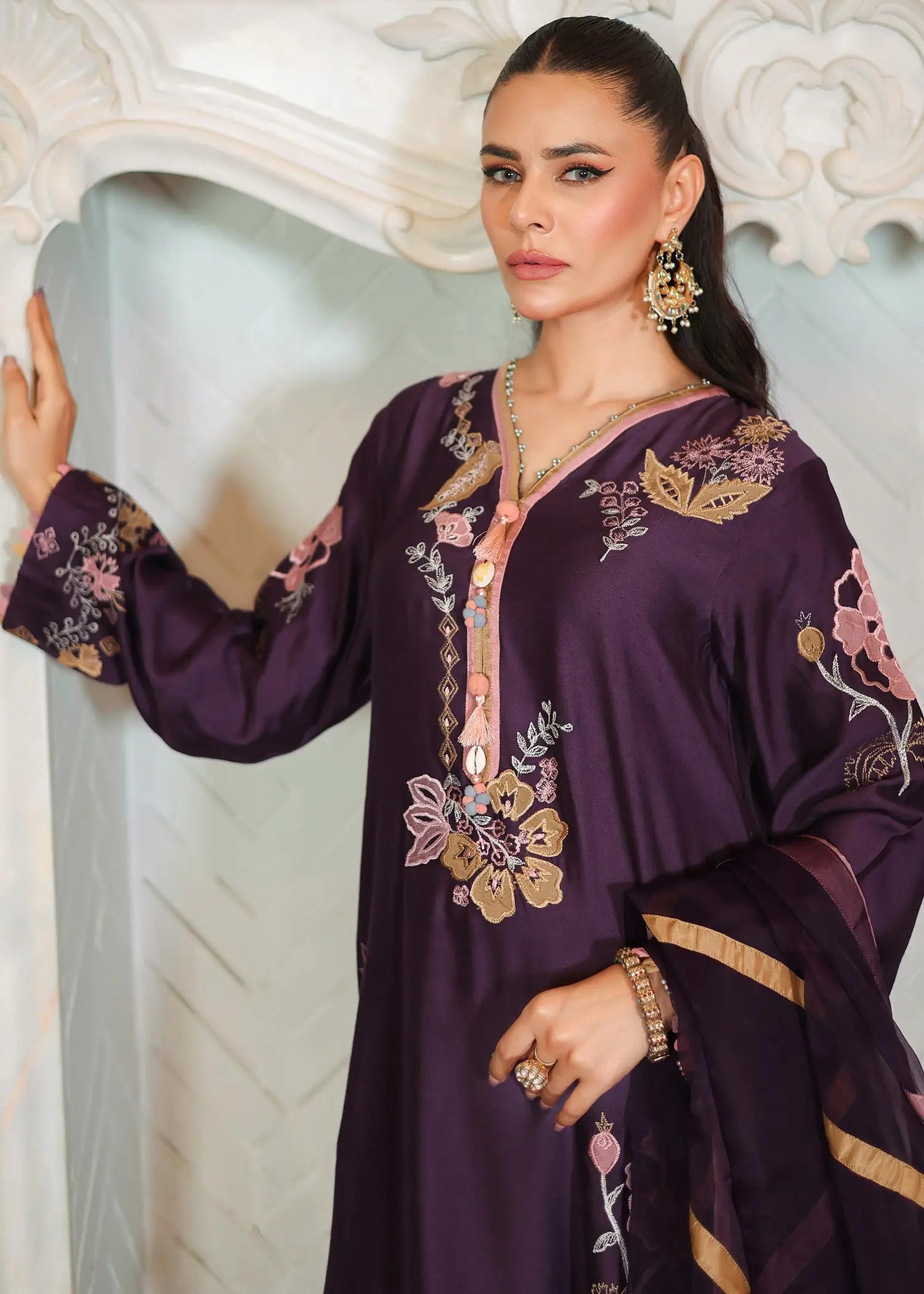 Purple Embroidered Khadi Silk 3-Piece Salwar Kameez - Image 8