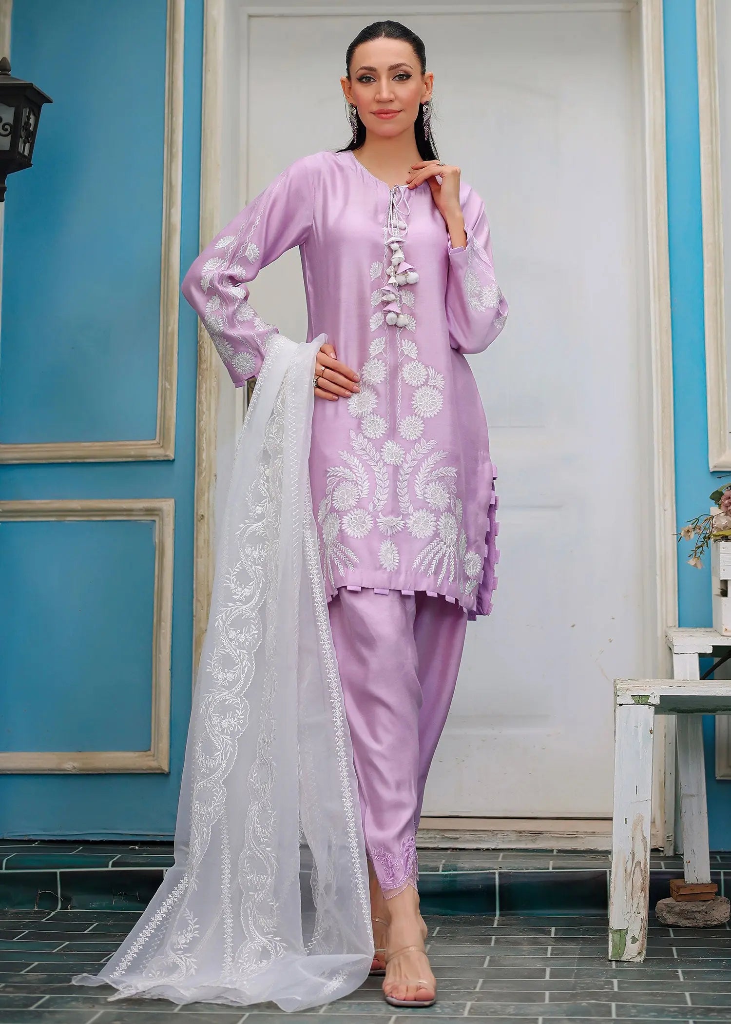 Pakistani Lilac Embroidered Khadi Silk Salwar Kameez (3-Piece) - Image 1