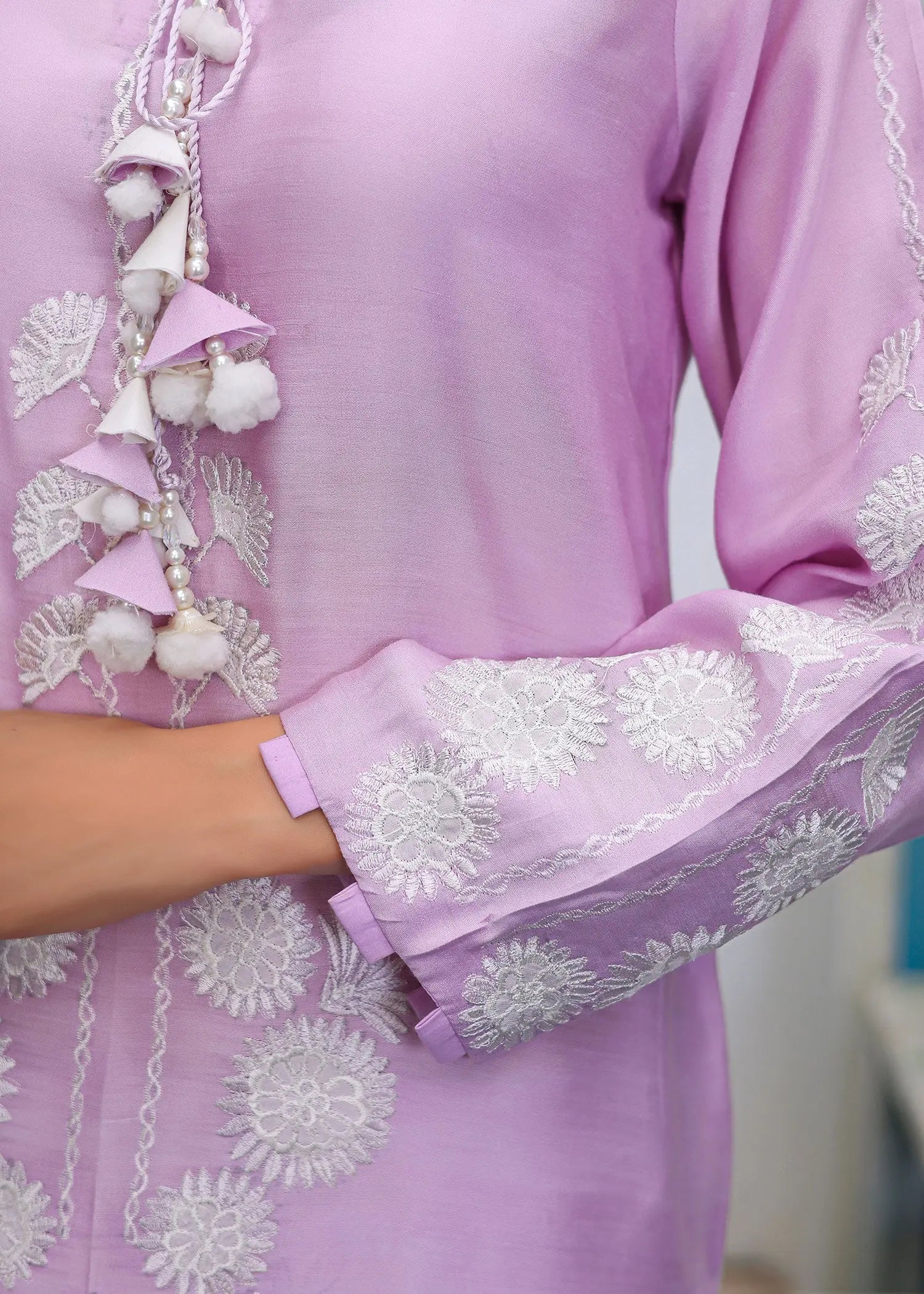 Pakistani Lilac Embroidered Khadi Silk Salwar Kameez (3-Piece) - Image 7