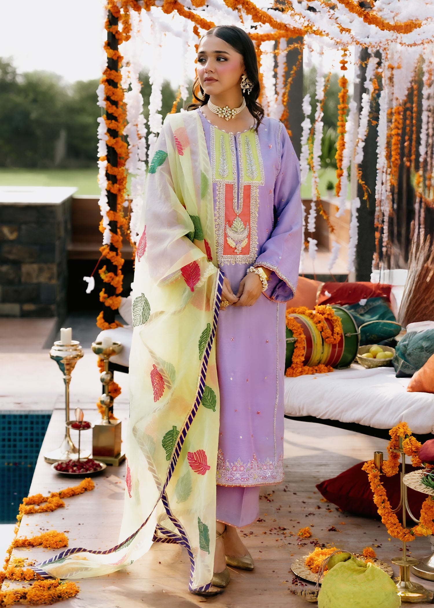 Lilac Appliqué Korean Silk Salwar Kameez (3-Piece) - Image 1