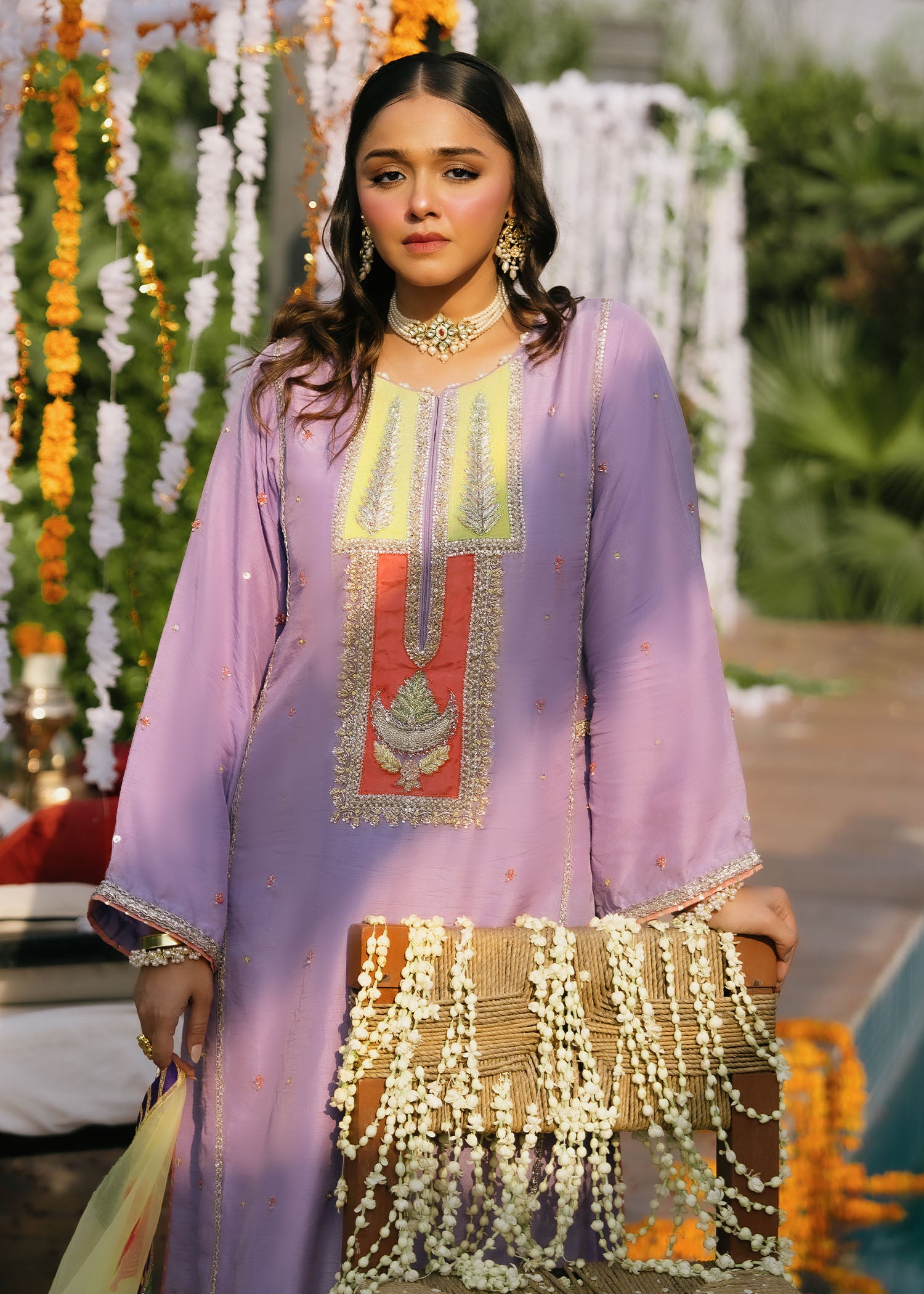 Lilac Appliqué Korean Silk Salwar Kameez (3-Piece) - Image 2