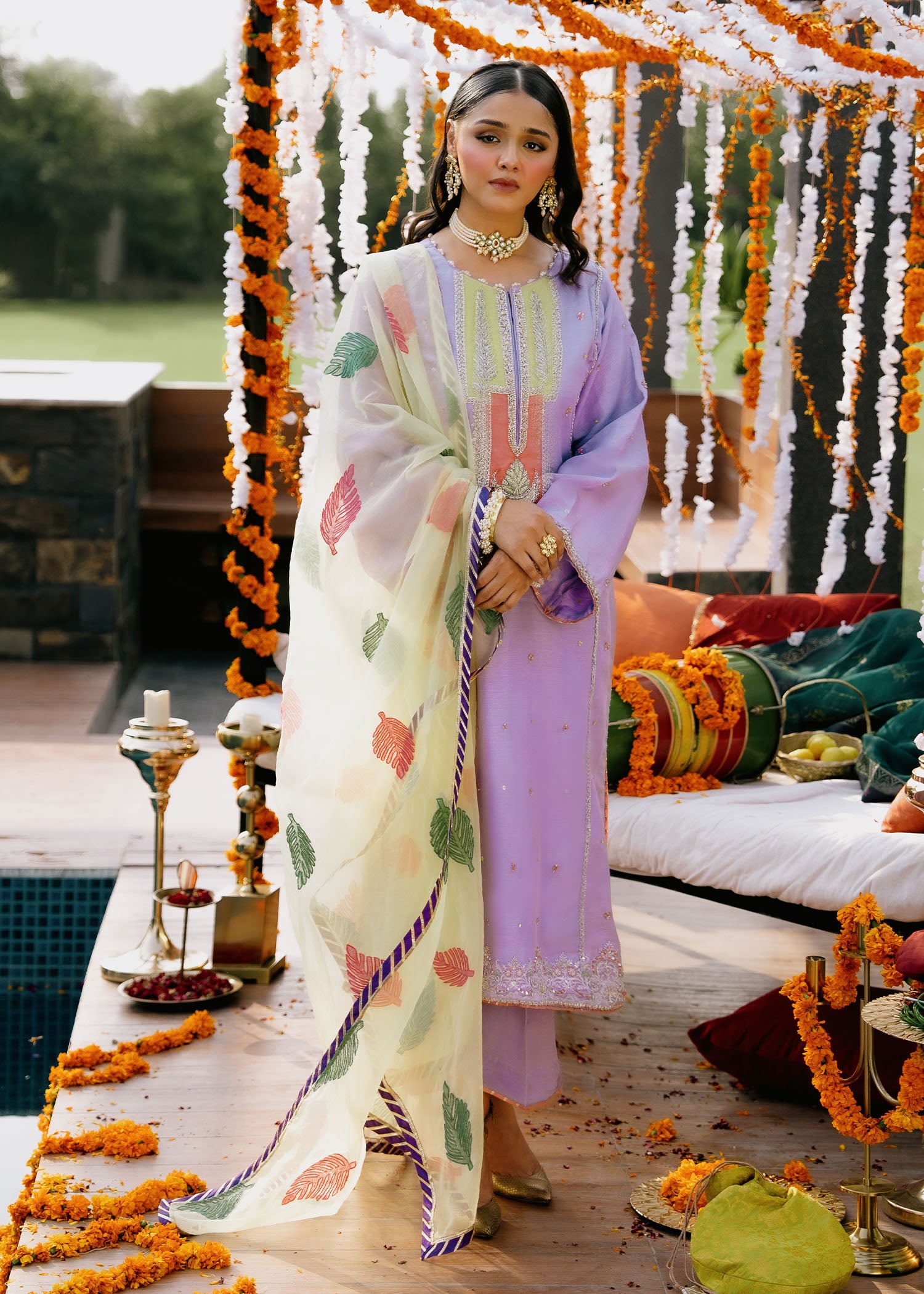 Lilac Appliqué Korean Silk Salwar Kameez (3-Piece) - Image 4