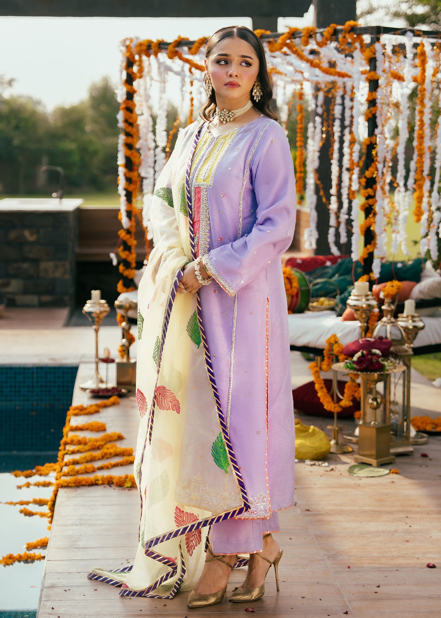 Lilac Appliqué Korean Silk Salwar Kameez (3-Piece) - Image 5