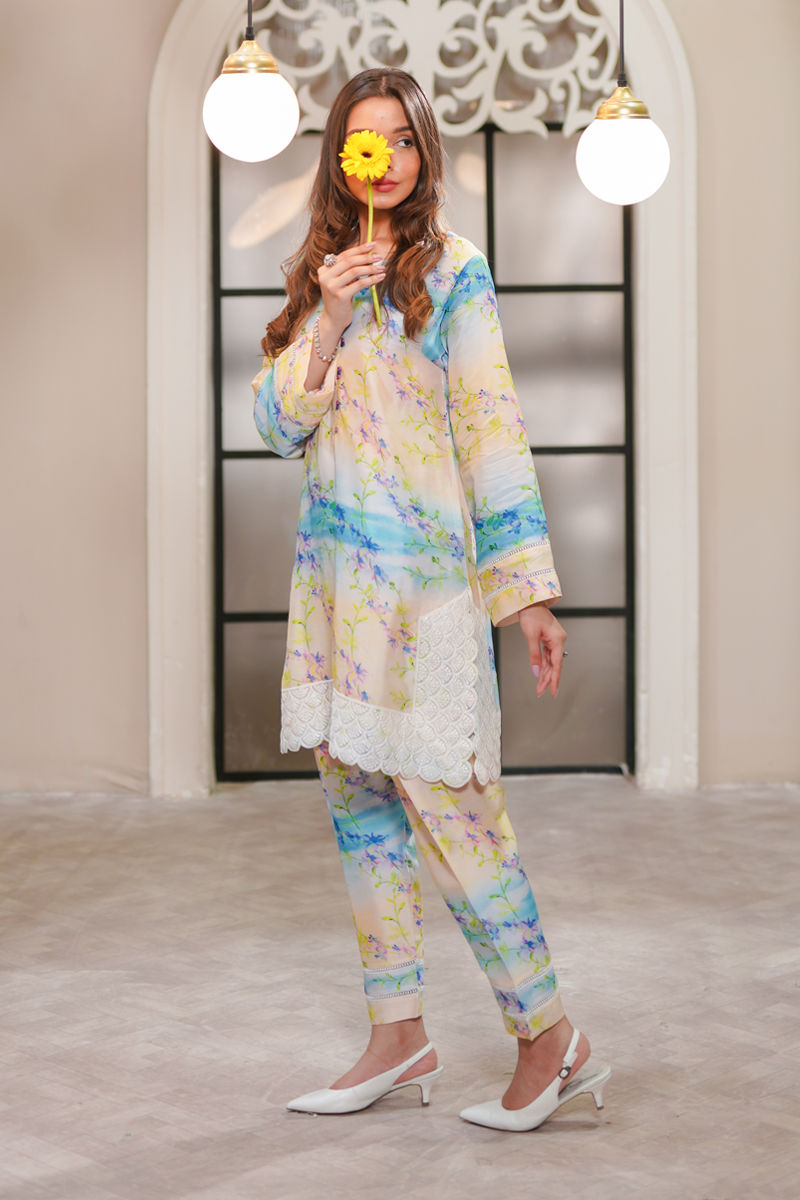 Pakistani Lilac Blue Ivory Digital Print Korean Silk Salwar Kameez (2-Piece) - Image 1