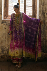 Purple to Lime Embroidered Korean Silk Salwar Kameez (3-Piece) - Image 2