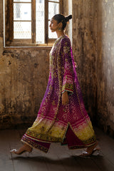 Purple to Lime Embroidered Korean Silk Salwar Kameez (3-Piece) - Image 3