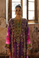 Purple to Lime Embroidered Korean Silk Salwar Kameez (3-Piece) - Image 4