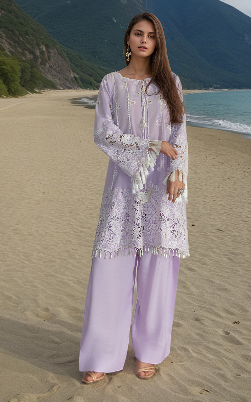 Pakistani Lilac Embroidered Lawn & Silk Salwar Kameez (2-Piece) - Image 1