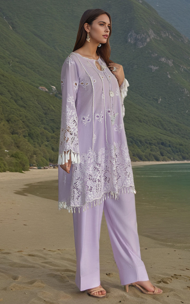 Pakistani Lilac Embroidered Lawn & Silk Salwar Kameez (2-Piece) - Image 2