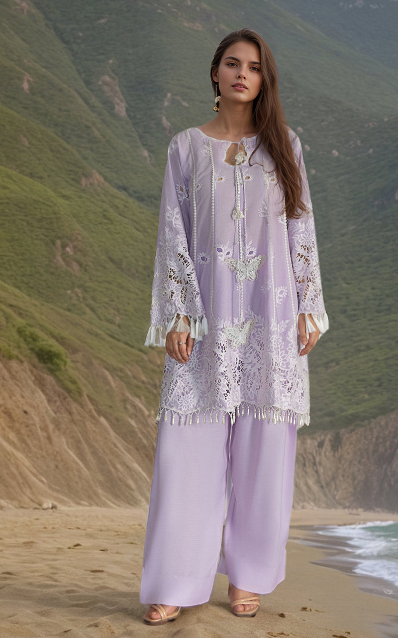 Pakistani Lilac Embroidered Lawn & Silk Salwar Kameez (2-Piece) - Image 4