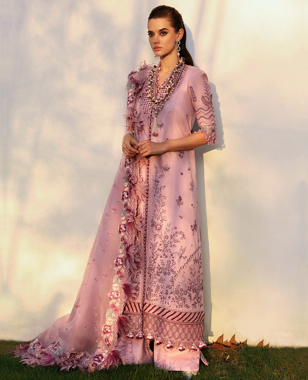 Soft Lilac Embroidered Lawn & Organza Salwar Kameez (3-Piece) - Image 1