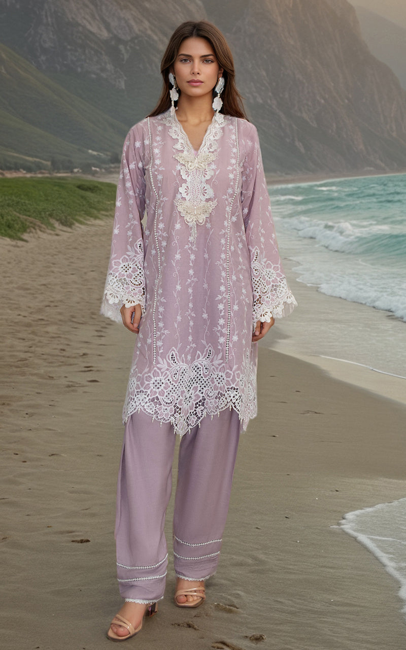 Pakistani Lilac Embroidered Lawn 2-Piece Suit - Image 4