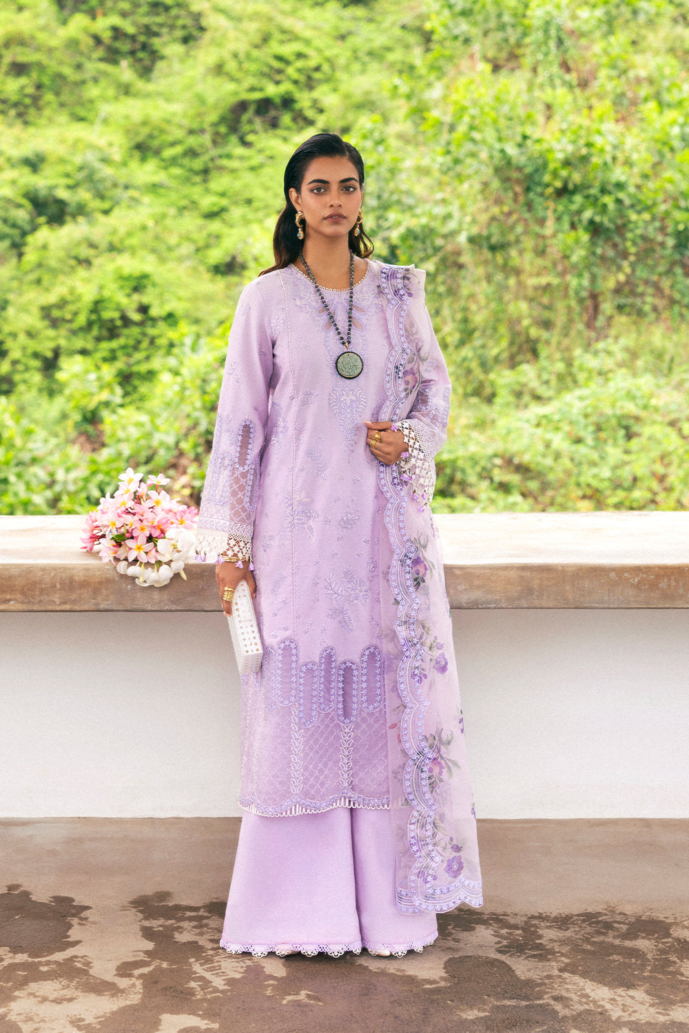 Lilac Embroidered Lawn & Organza Salwar Kameez (3-Piece) - Image 1