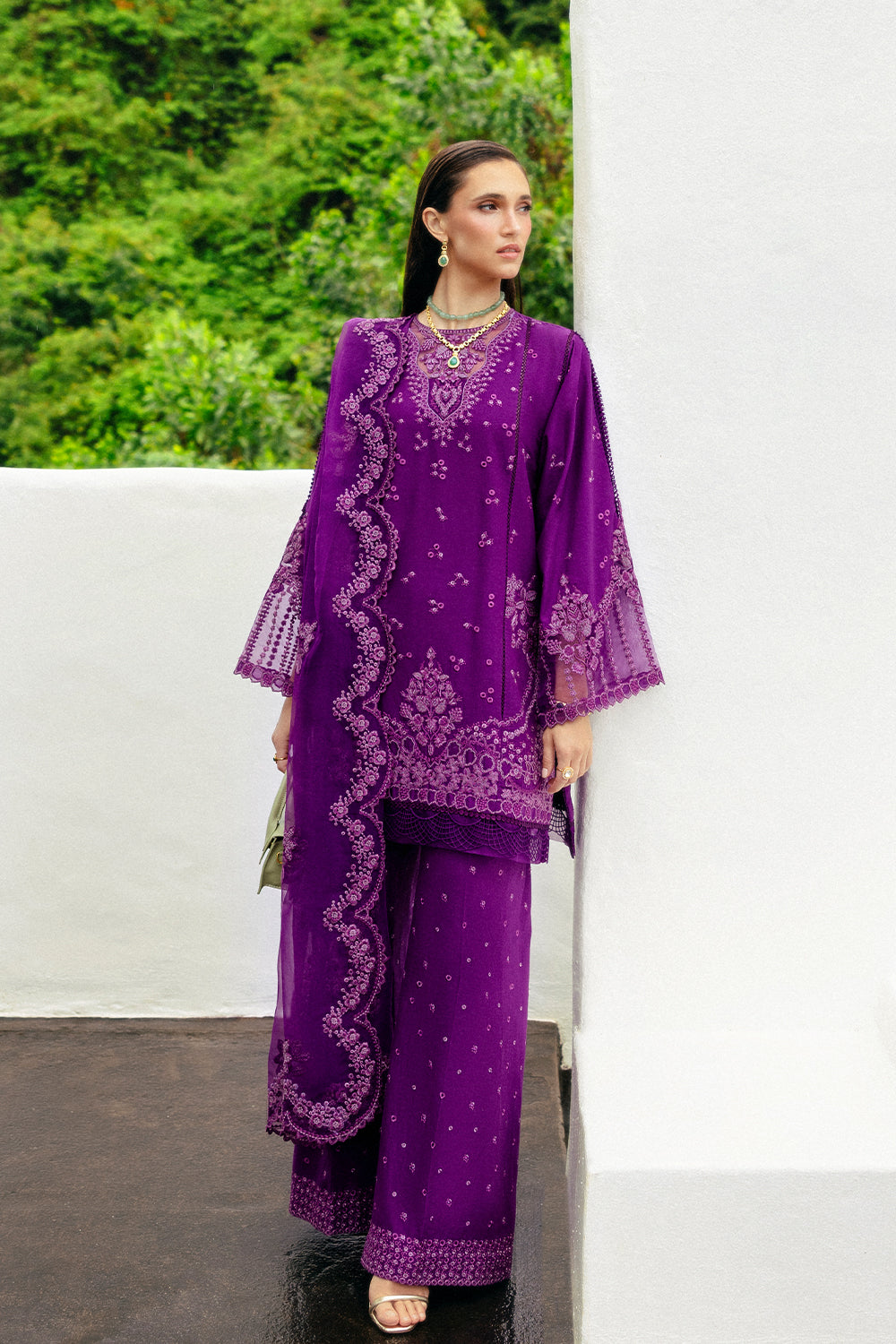 Pakistani Java Plum Embroidered Lawn & Organza Salwar Kameez (3-Piece) - Image 1