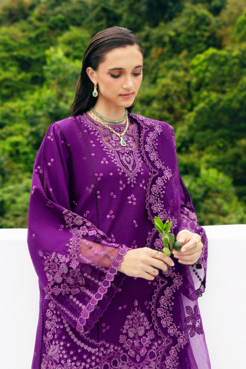 Pakistani Java Plum Embroidered Lawn & Organza Salwar Kameez (3-Piece) - Image 3