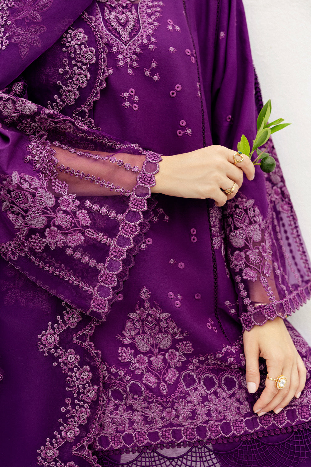Pakistani Java Plum Embroidered Lawn & Organza Salwar Kameez (3-Piece) - Image 6