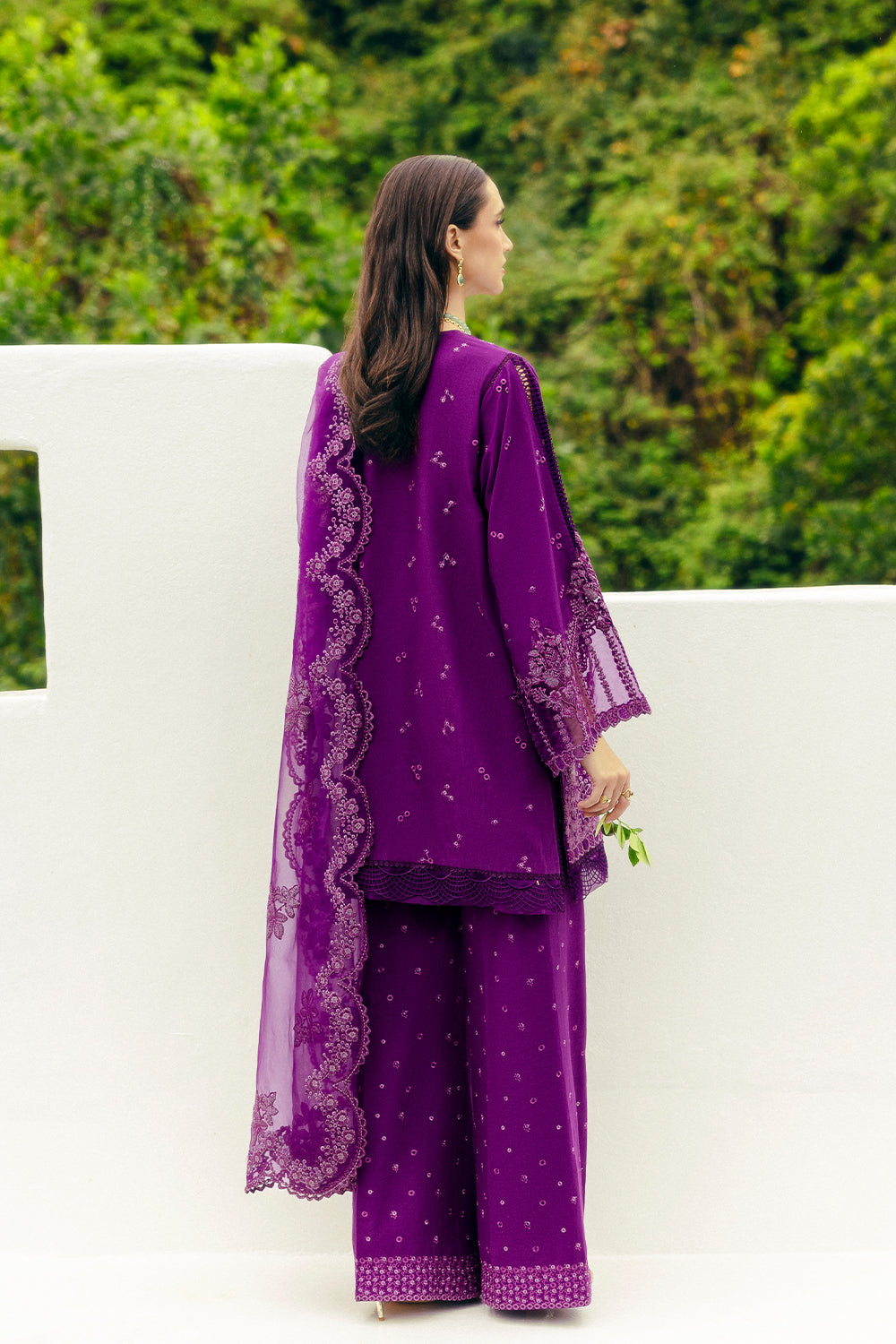 Pakistani Java Plum Embroidered Lawn & Organza Salwar Kameez (3-Piece) - Image 7