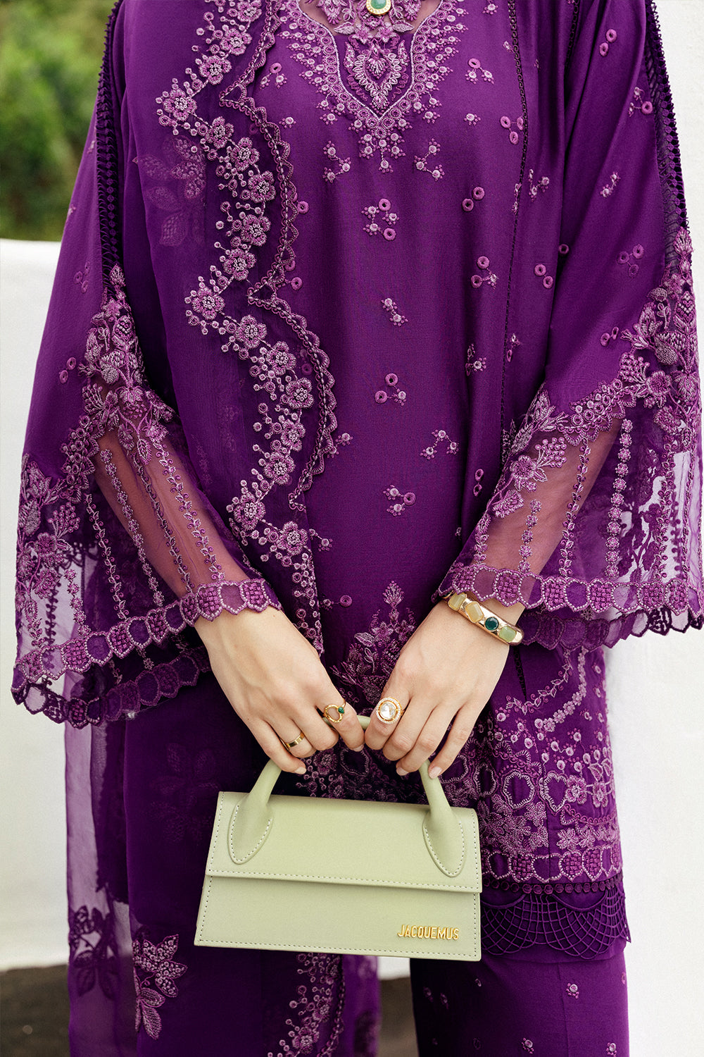 Pakistani Java Plum Embroidered Lawn & Organza Salwar Kameez (3-Piece) - Image 8