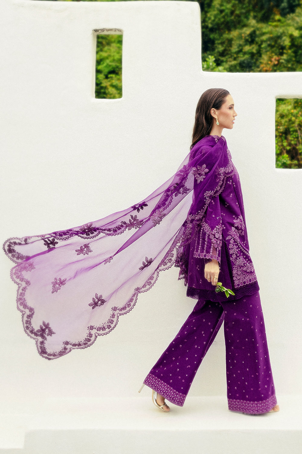 Pakistani Java Plum Embroidered Lawn & Organza Salwar Kameez (3-Piece) - Image 9