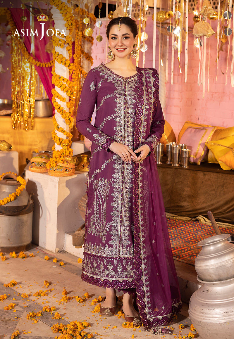 Pakistani Purple Embroidered Lawn Silk Salwar Kameez (3-Piece) - Image 1