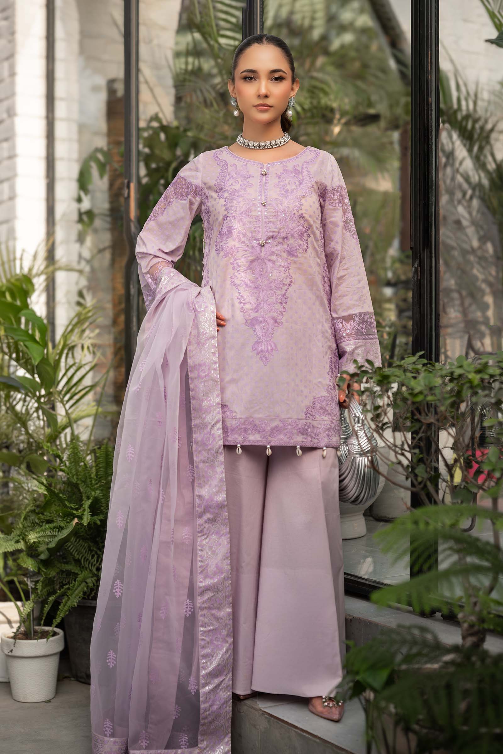 Pakistani Lilac Embroidered Lawn Salwar Kameez (3-Piece) - Image 1