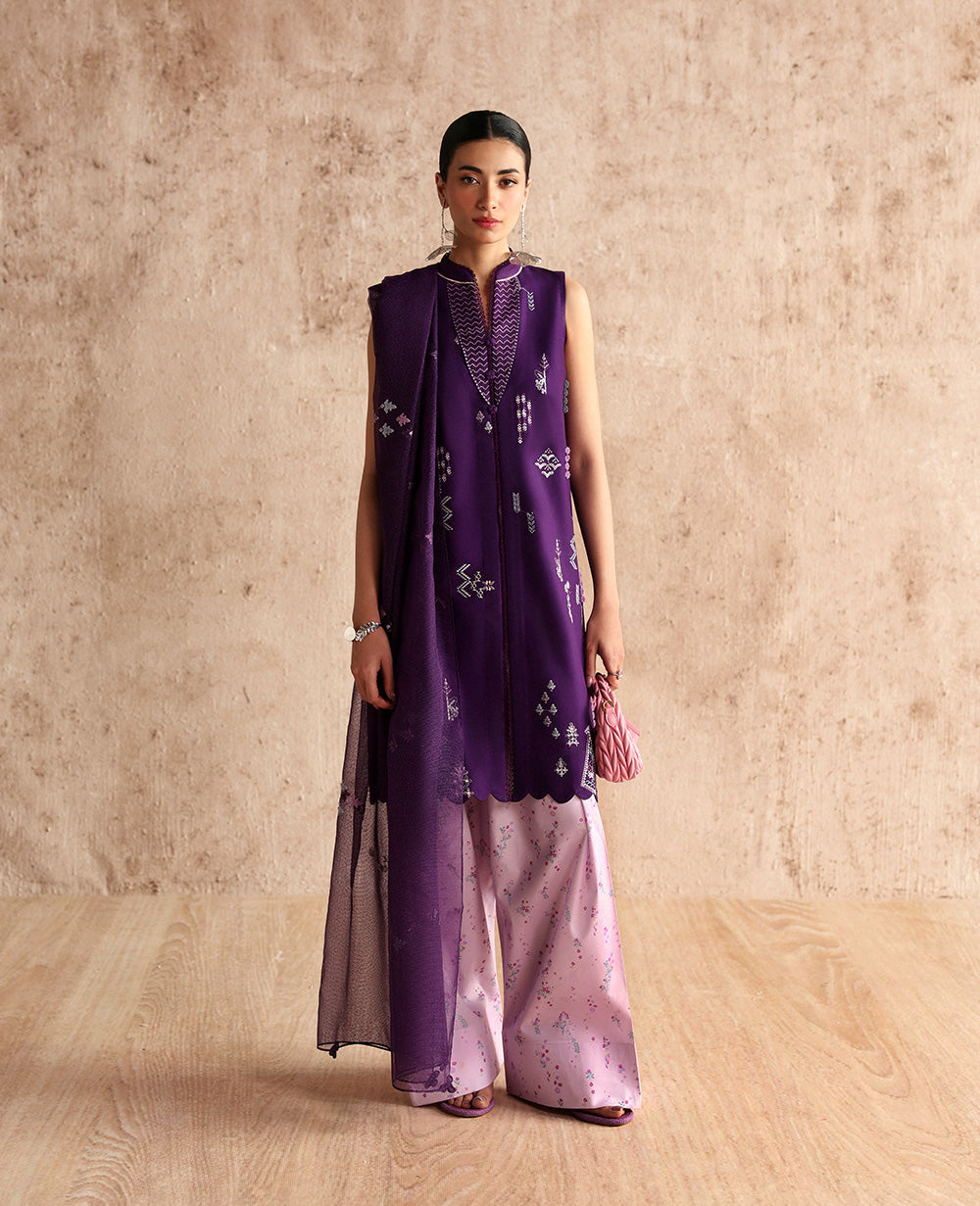 Pakistani Deep Purple Tribal Embroidered Lawn Salwar Kameez (3-Piece) - Image 1