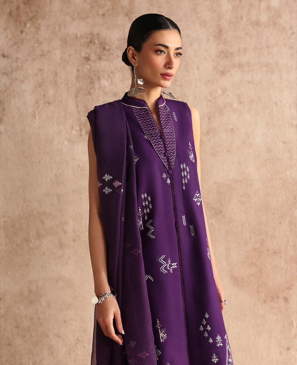 Pakistani Deep Purple Tribal Embroidered Lawn Salwar Kameez (3-Piece) - Image 2