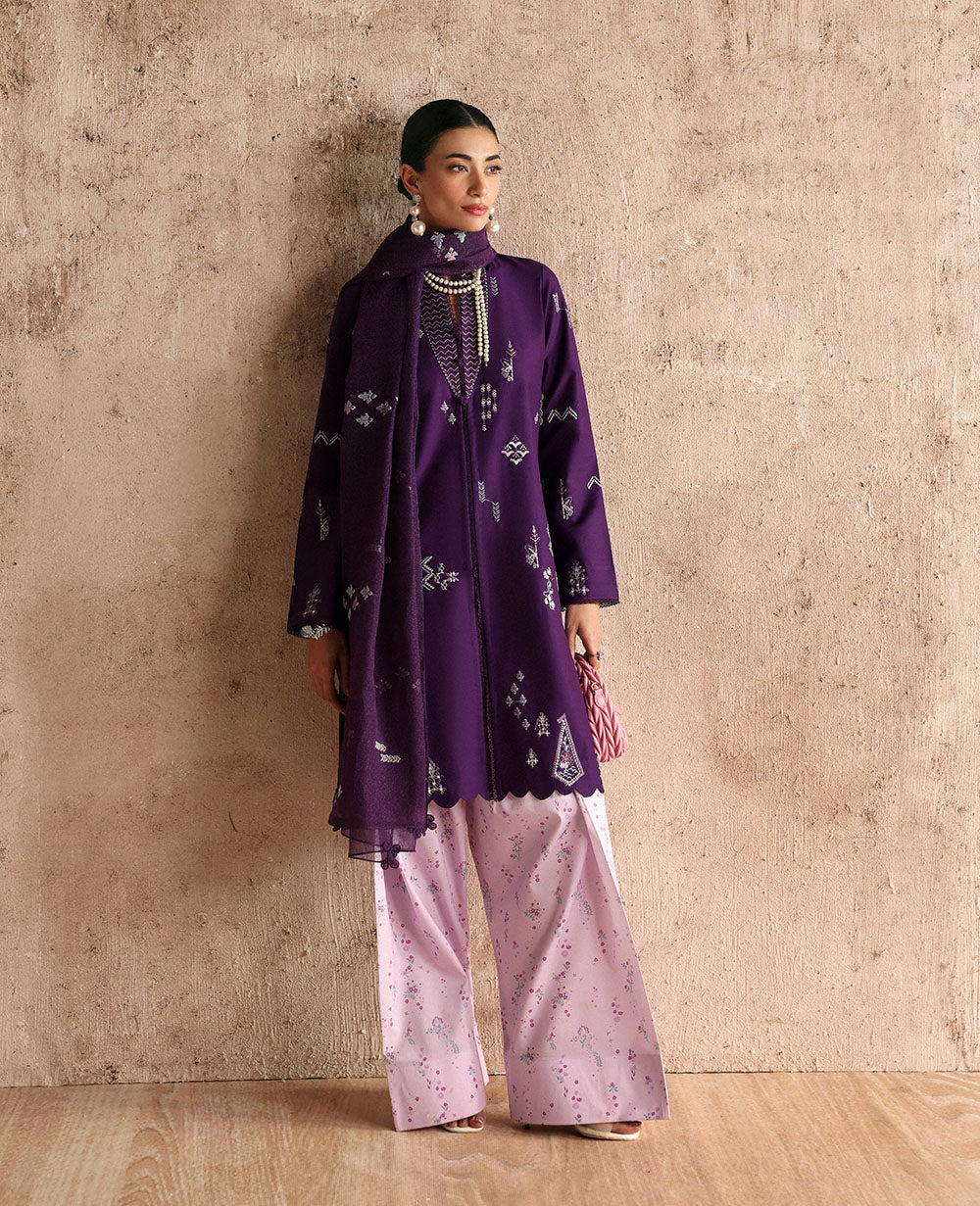 Pakistani Deep Purple Tribal Embroidered Lawn Salwar Kameez (3-Piece) - Image 3