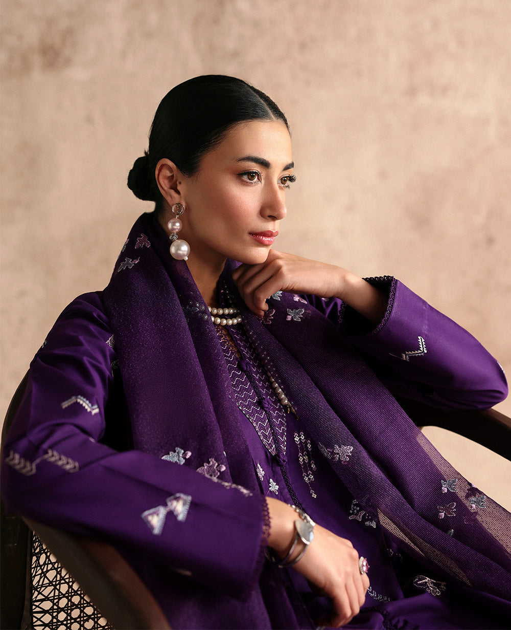 Pakistani Deep Purple Tribal Embroidered Lawn Salwar Kameez (3-Piece) - Image 5