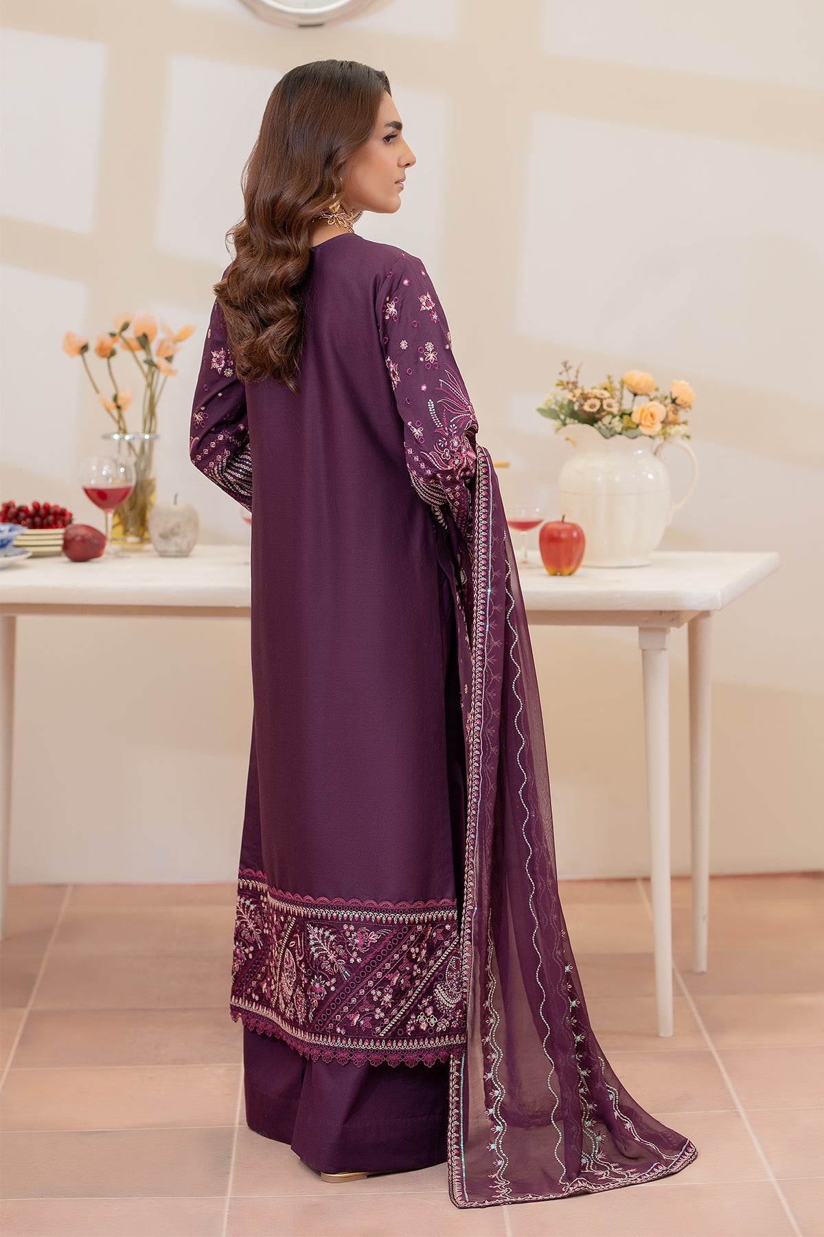 Pakistani Plum Embroidered Lawn Salwar Kameez (3-Piece) - Image 2